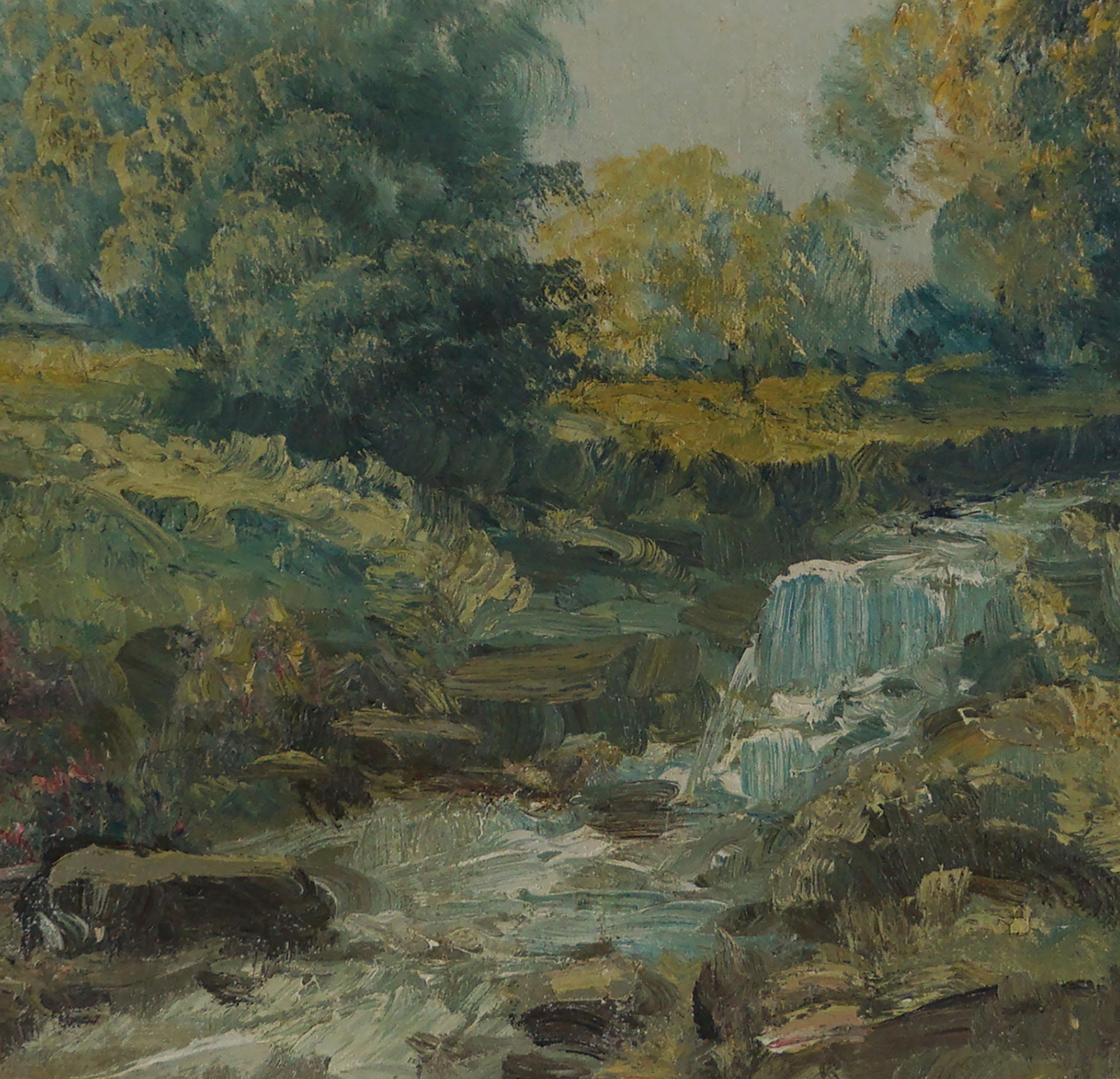 

Magnifique paysage impressionniste du lac Shongum, campagne du New Jersey au printemps avec ruisseau et fleurs par Rudolph J. Eicher (1884 - 1958), Circa 1940s. Le feuillage lumineux du printemps et le ruisseau qui coule forment un tableau
