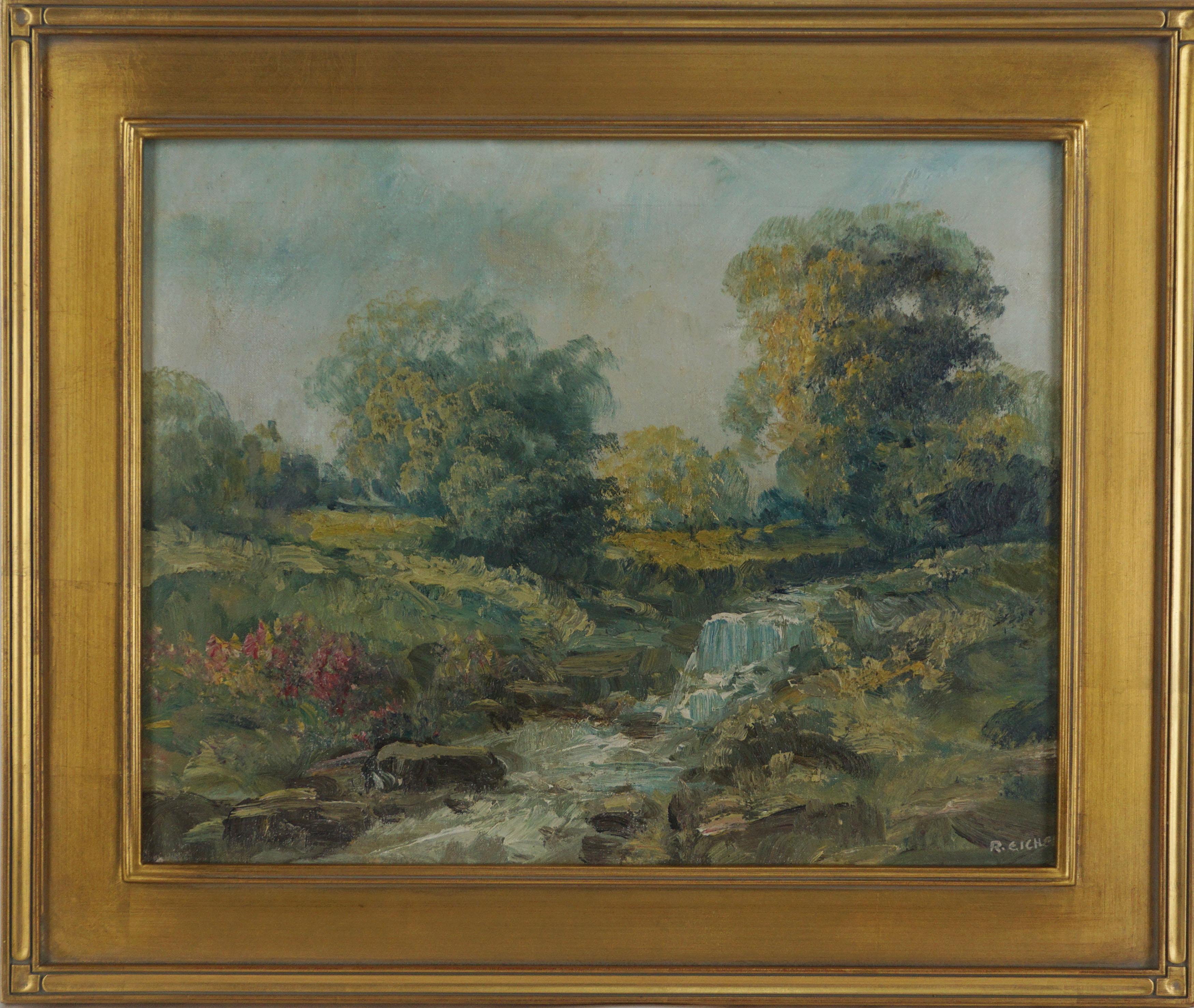 Landscape Painting Rudolph Eicher - Paysage à l'huile impressionniste original du milieu du 20e siècle de Shongum, New Jersey