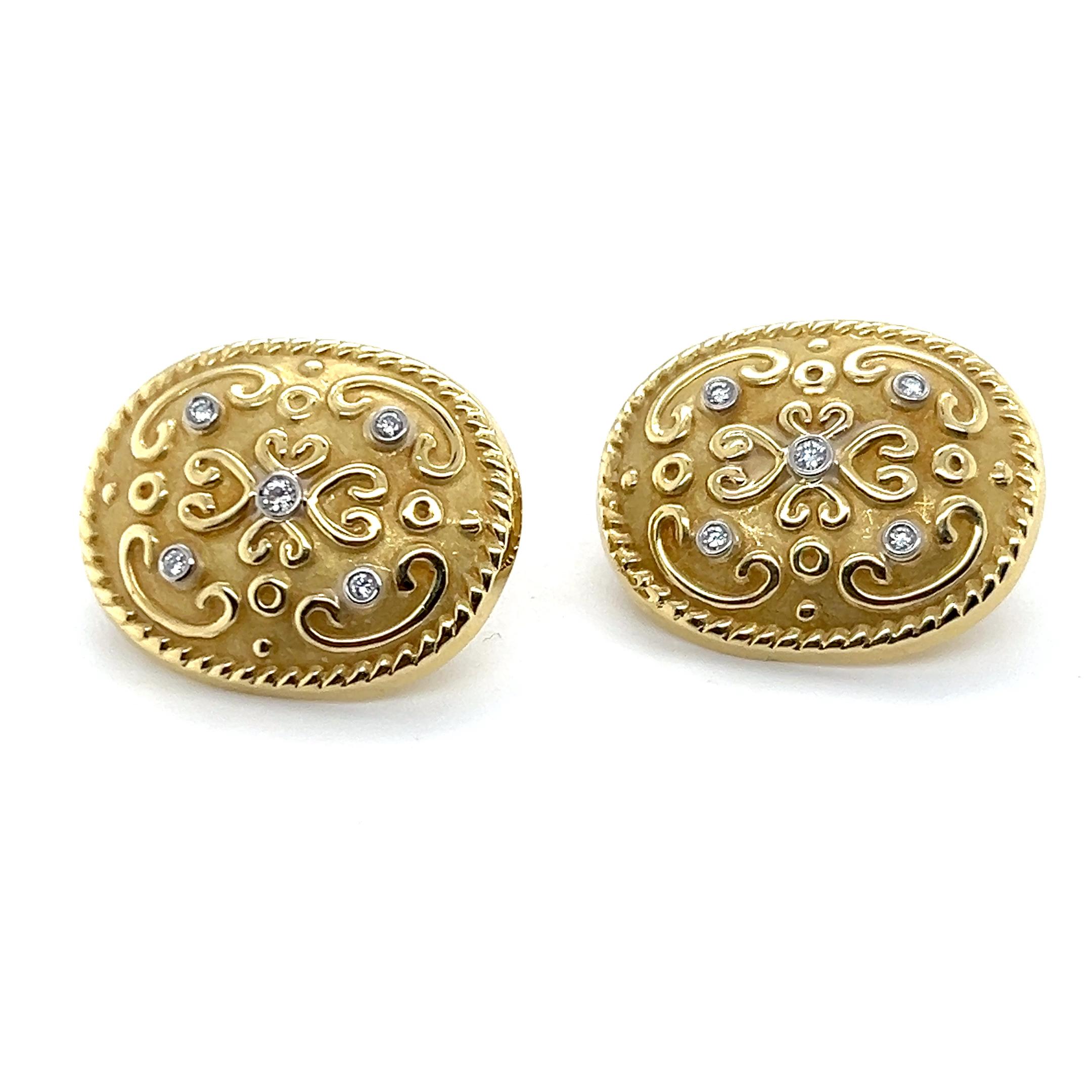Round Cut Rudolph Friedmann Fleur-de-Lis Diamond 18k Yellow Gold Omega Back Earrings For Sale