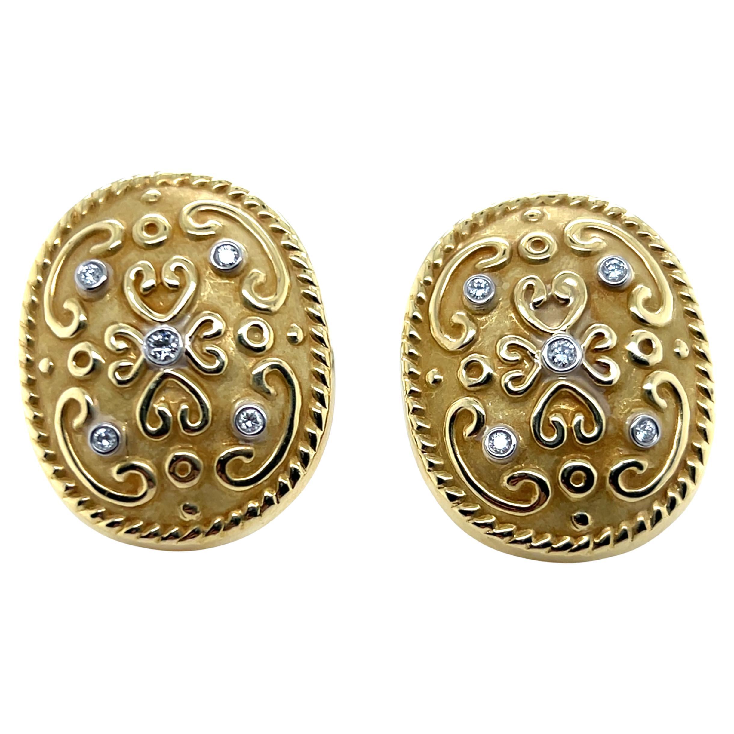 Rudolph Friedmann Fleur-de-Lis Diamond 18k Yellow Gold Omega Back Earrings For Sale