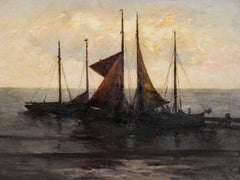 "Golette da pesca e barche a vela al molo" Olio originale su tela