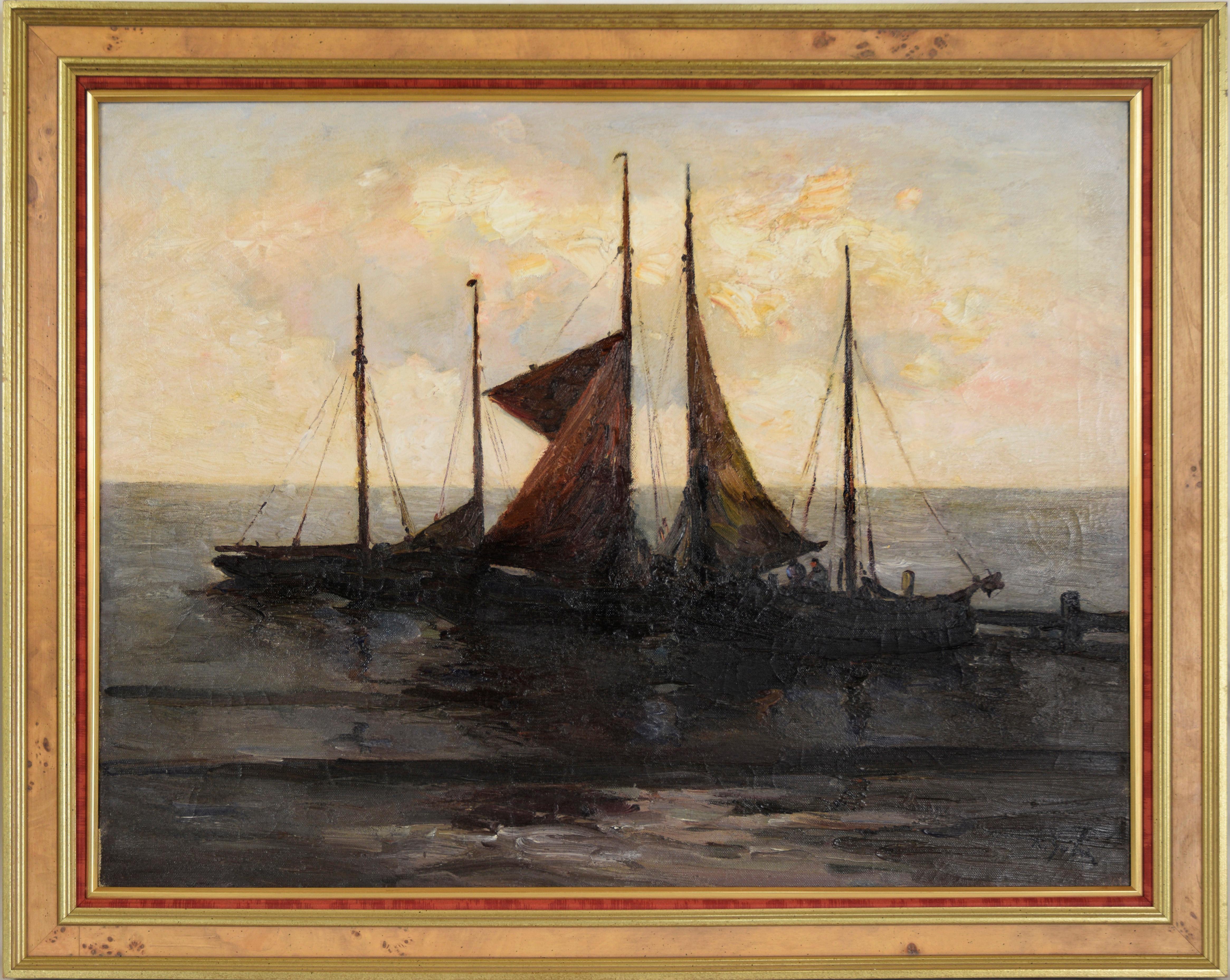 "Fishing Schooners and Sailboats at a dock" Original Oil on Canvas