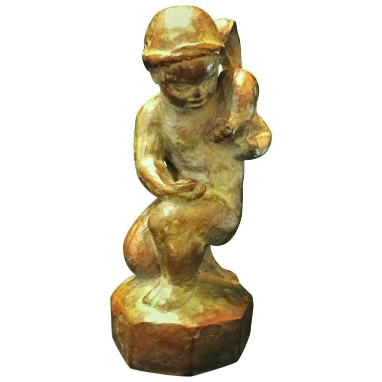 Enfant Nourrissant un Écureuil, Sculpture en Bronze Art Déco par Rudolph Henn, vers 1920