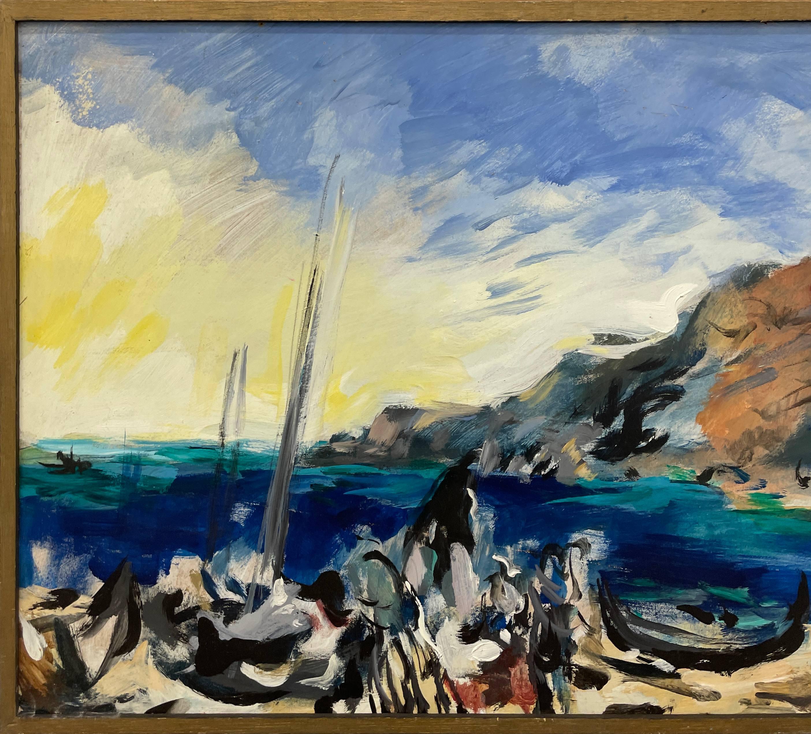 Scène de plage côtière captivante et expressive des années 1950, The Moderns Modernity, Portugal - Modernisme américain Painting par Rudolph Pen