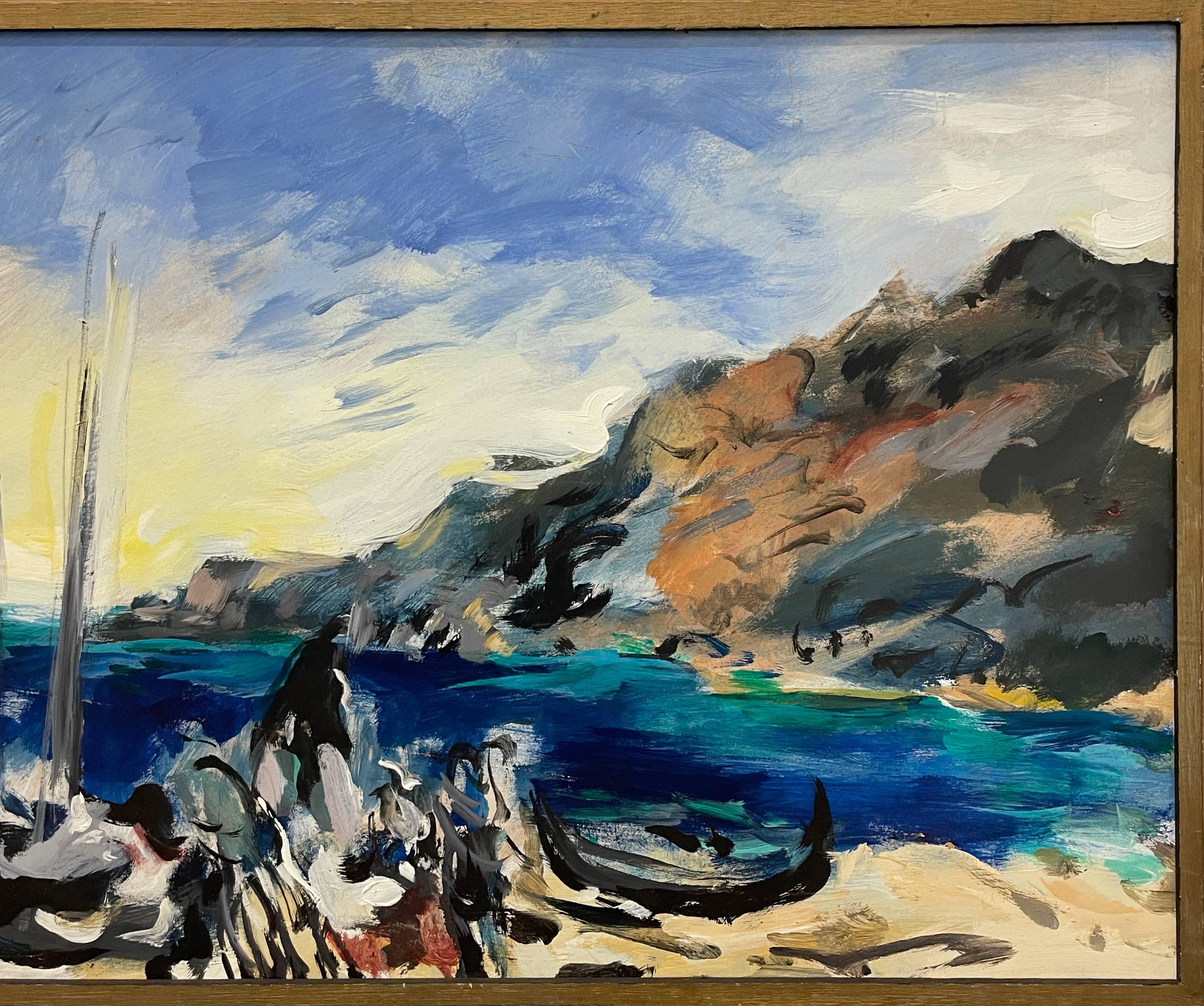 Scène de plage côtière captivante et expressive des années 1950, The Moderns Modernity, Portugal - Marron Landscape Painting par Rudolph Pen