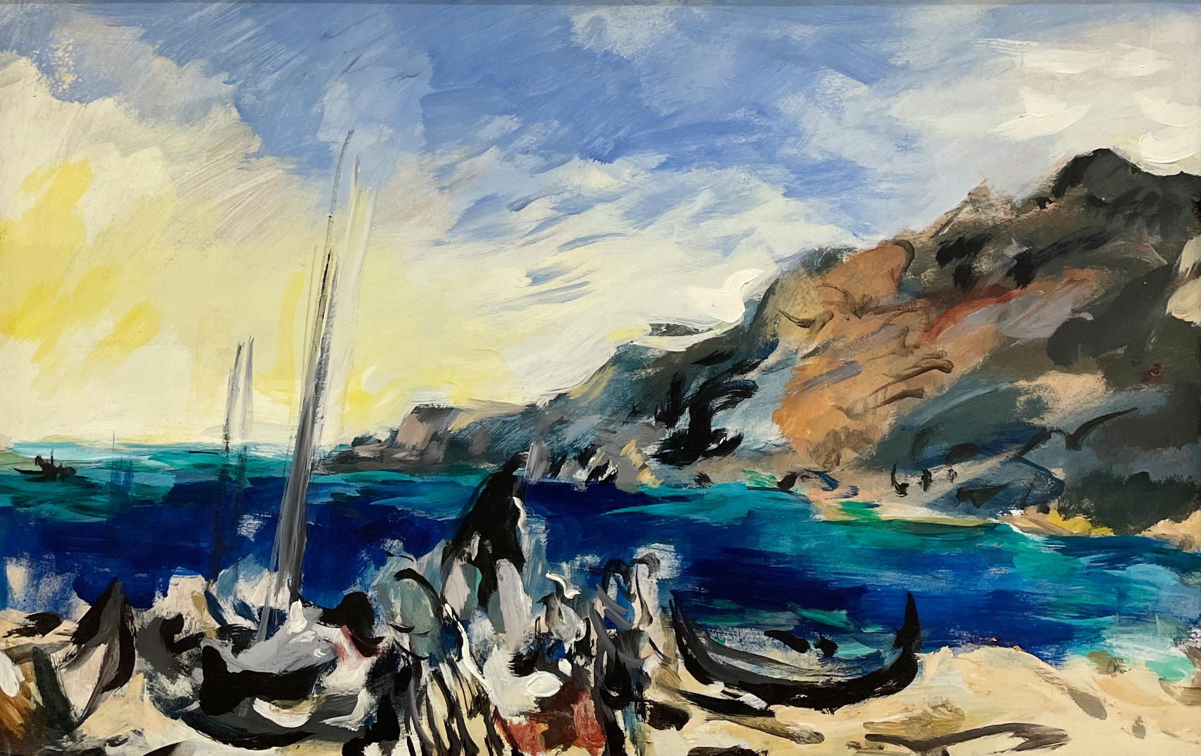 Landscape Painting Rudolph Pen - Scène de plage côtière captivante et expressive des années 1950, The Moderns Modernity, Portugal