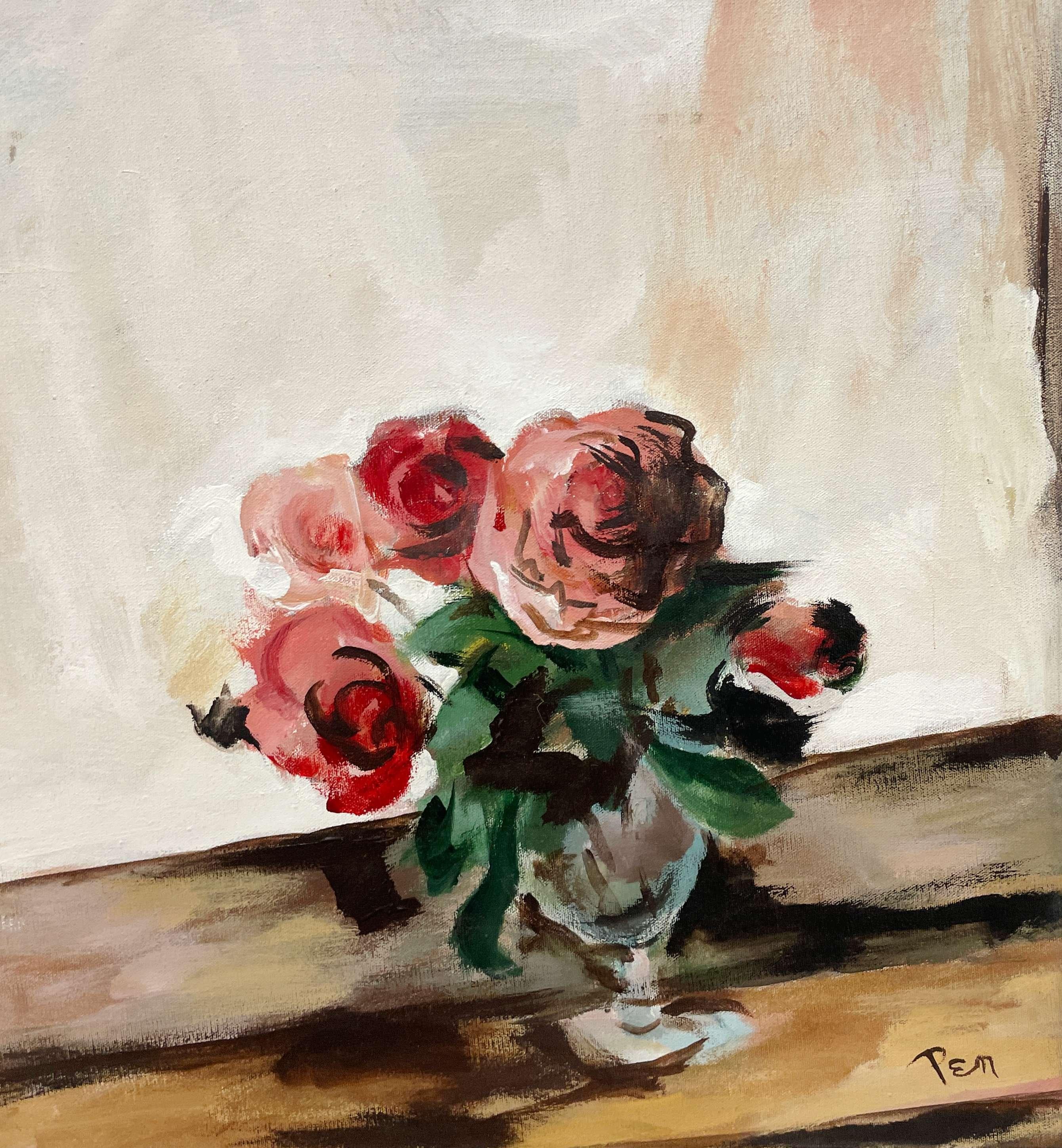 A Captivating, Mid-Century Floral Still Life of Red Roses by Rudolph T. Pen - Beige Still-Life Painting by Rudolph Pen