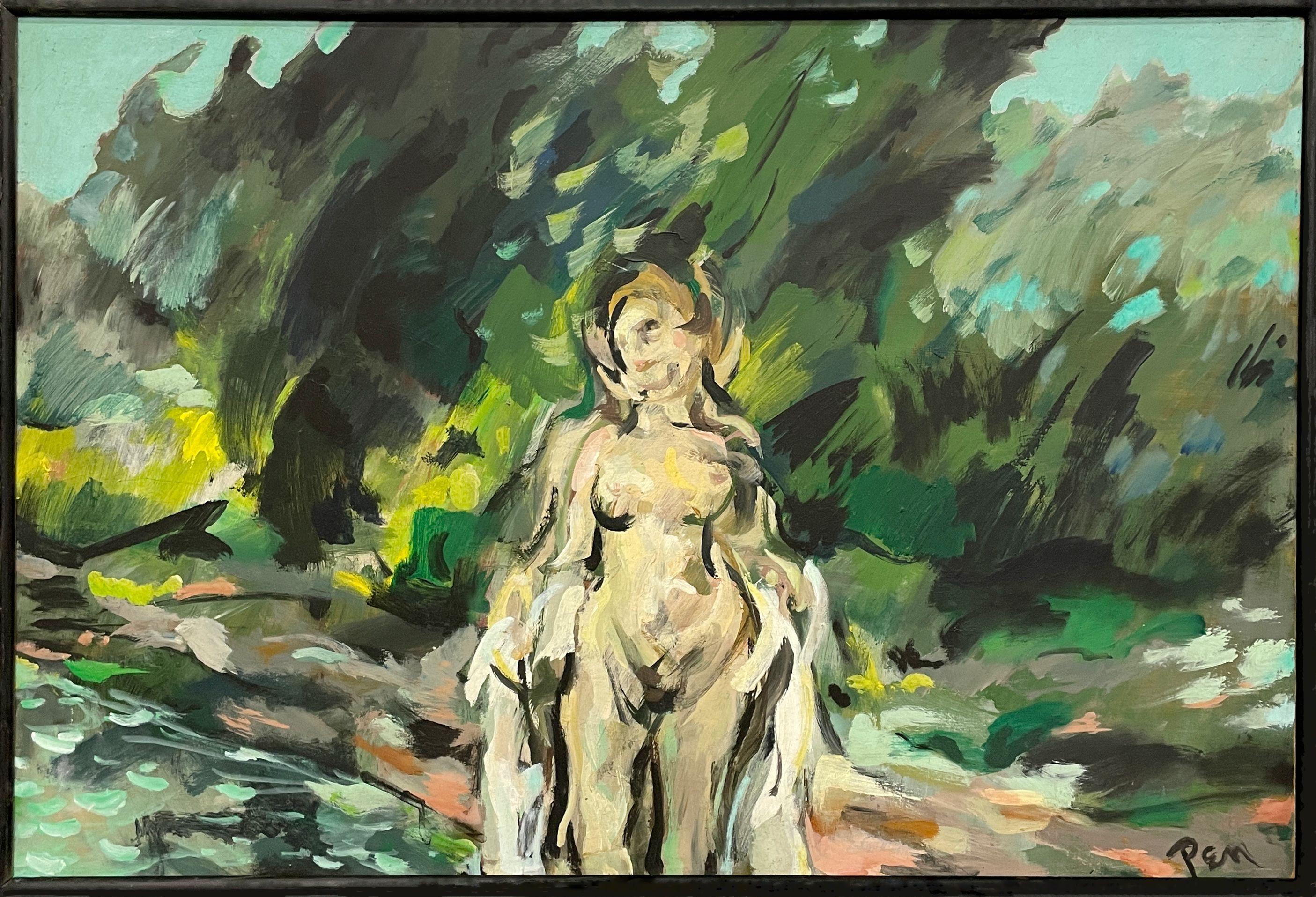 A Captivating Mid-Century Modern Landscape Painting with Standing Female Nude - Brown Nude Painting by Rudolph Pen