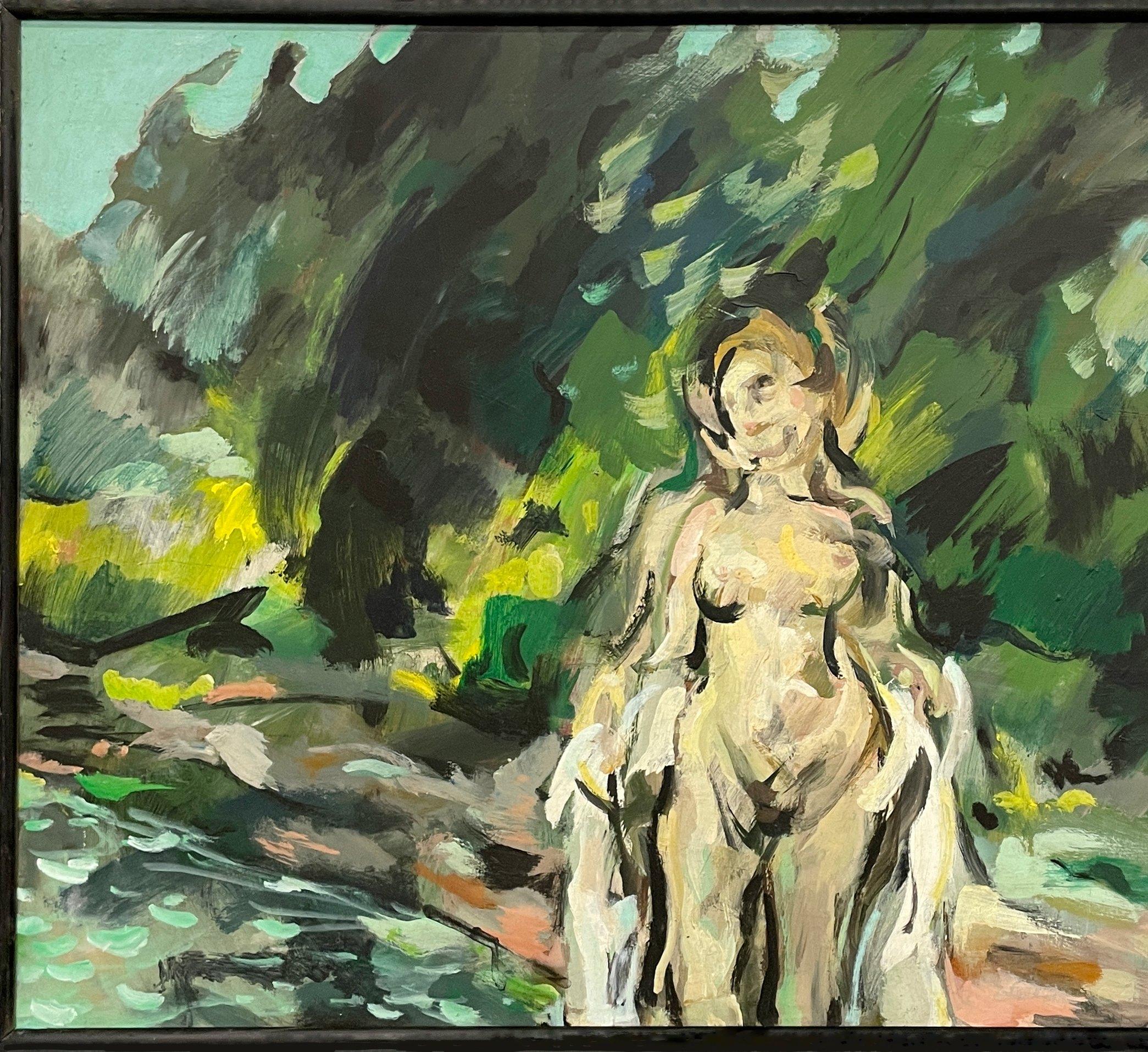 A Captivating, Expressive Mid-Century Modern Landscape Painting with Standing Female Nude by Noted Chicago Artist, Rudolph T. Pen. This vibrant, colorful oil painting, depicting an abstracted, standing female nude in shaded forest landscape, was