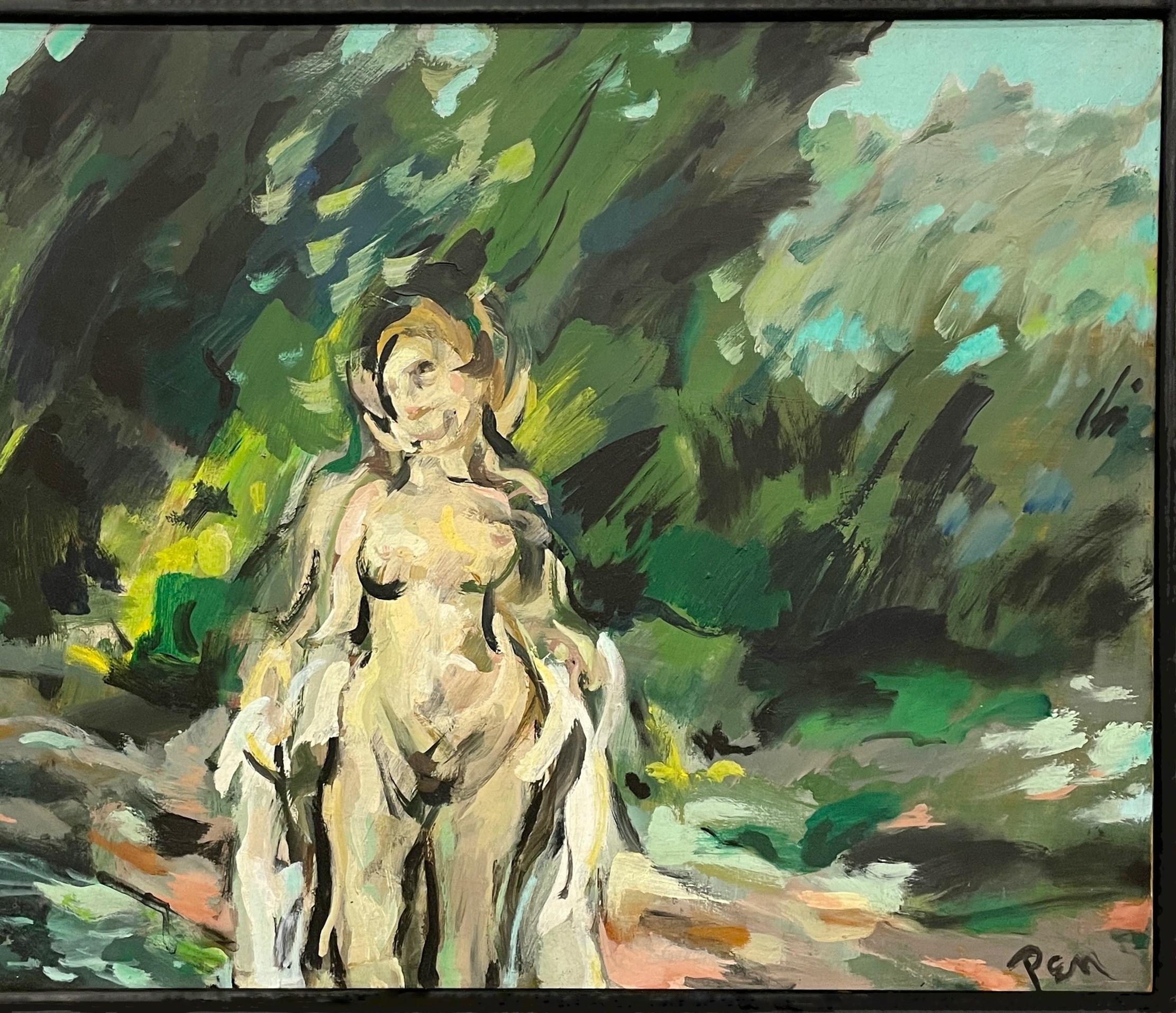 A Captivating Mid-Century Modern Landscape Painting with Standing Female Nude For Sale 1