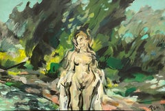 Cautivador paisaje moderno de mediados de siglo con desnudo femenino de pie