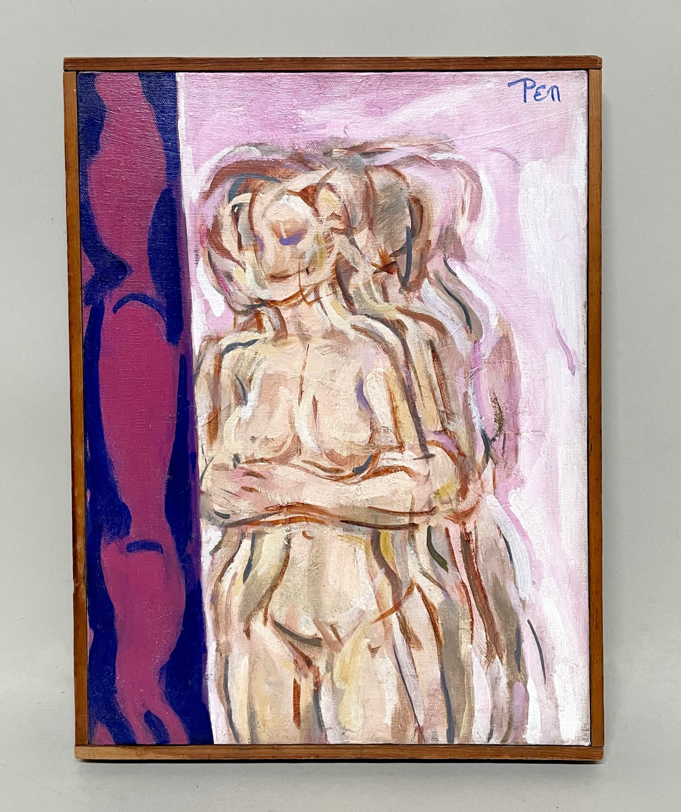 Bezauberndes, modernes Gemälde eines stehenden weiblichen Aktmodells aus der Mitte des Jahrhunderts (Beige), Figurative Painting, von Rudolph Pen