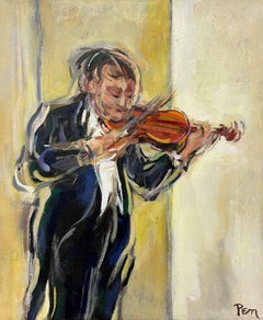 A Dynamic, 1960s Mid-Century Modern Painting of a Concert Violinist
