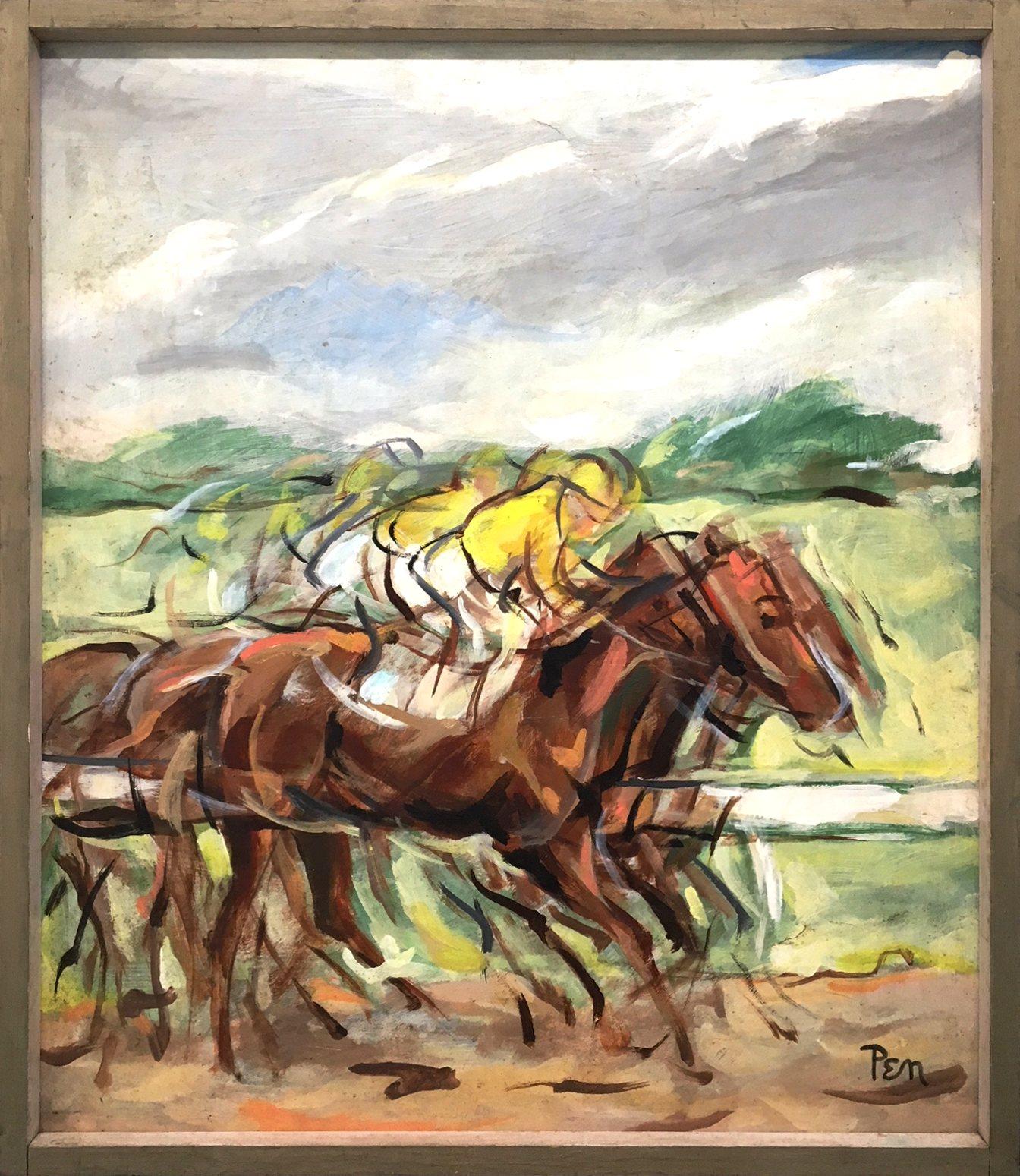 Un dinamico dipinto di corsa di cavalli della metà del secolo scorso dell'artista di Chicago Rudolph Pen in vendita 1