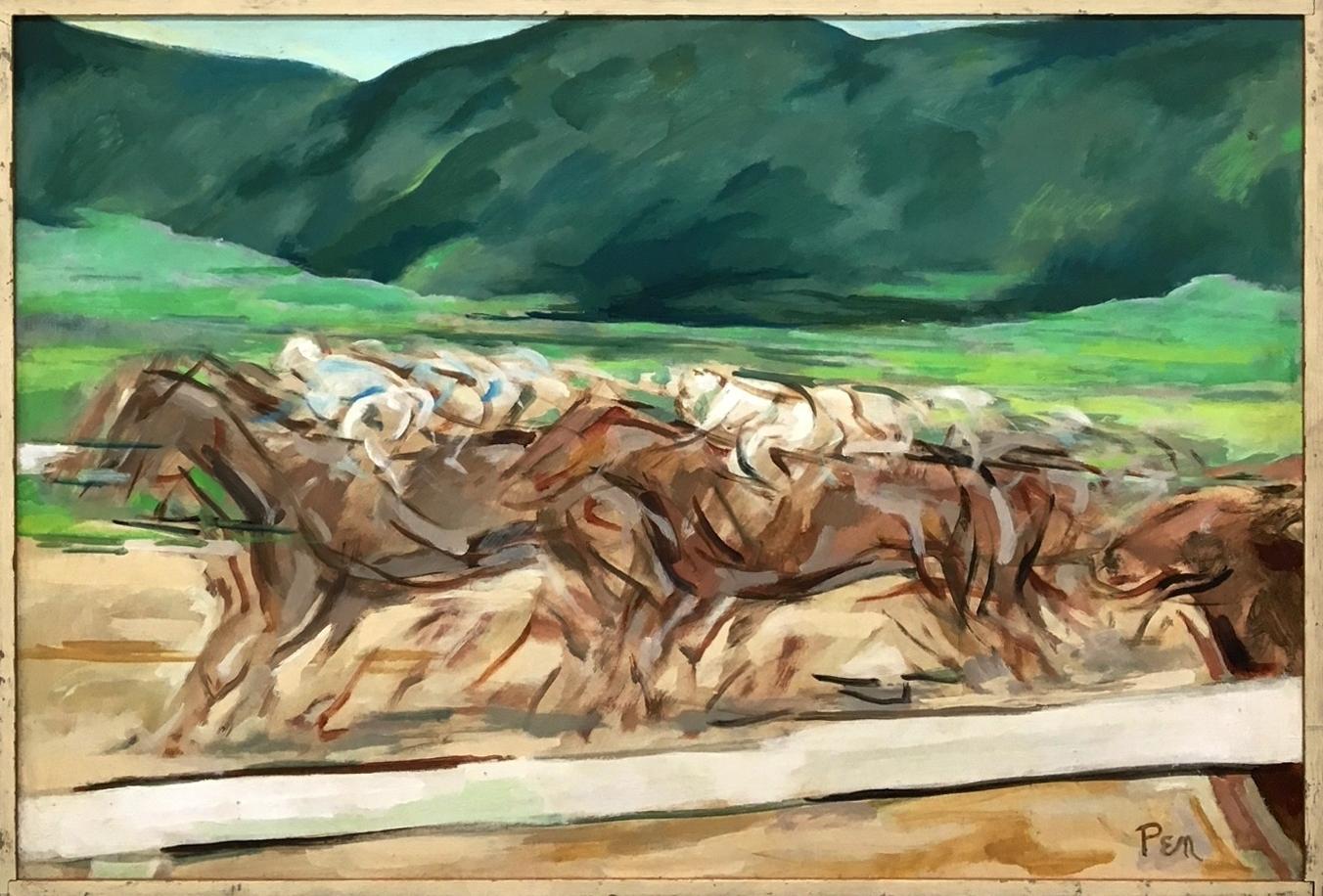 Una dinámica pintura de carreras de caballos moderna de mediados de siglo del artista de Chicago Rudolph Pen en venta 1