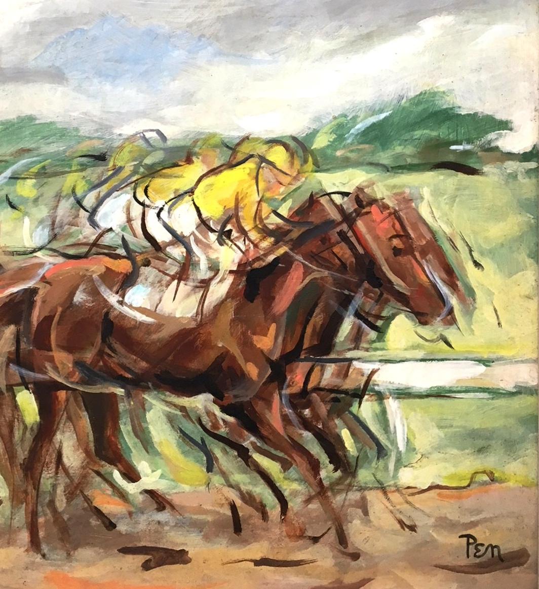 Un dinamico dipinto di corsa di cavalli della metà del secolo scorso dell'artista di Chicago Rudolph Pen in vendita 2