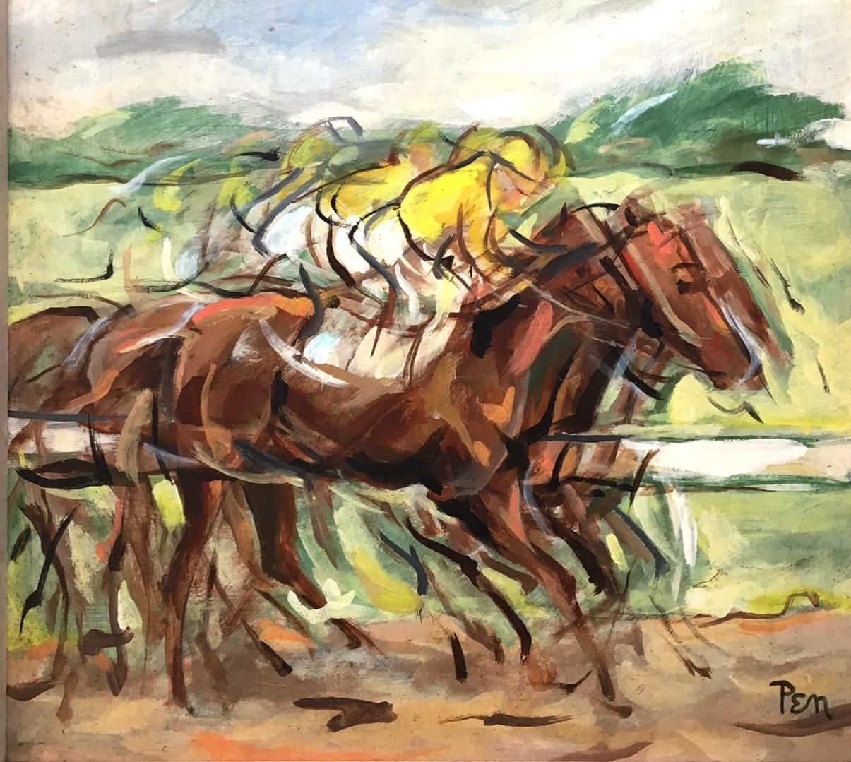 Un dinamico dipinto di corsa di cavalli della metà del secolo scorso dell'artista di Chicago Rudolph Pen in vendita 3