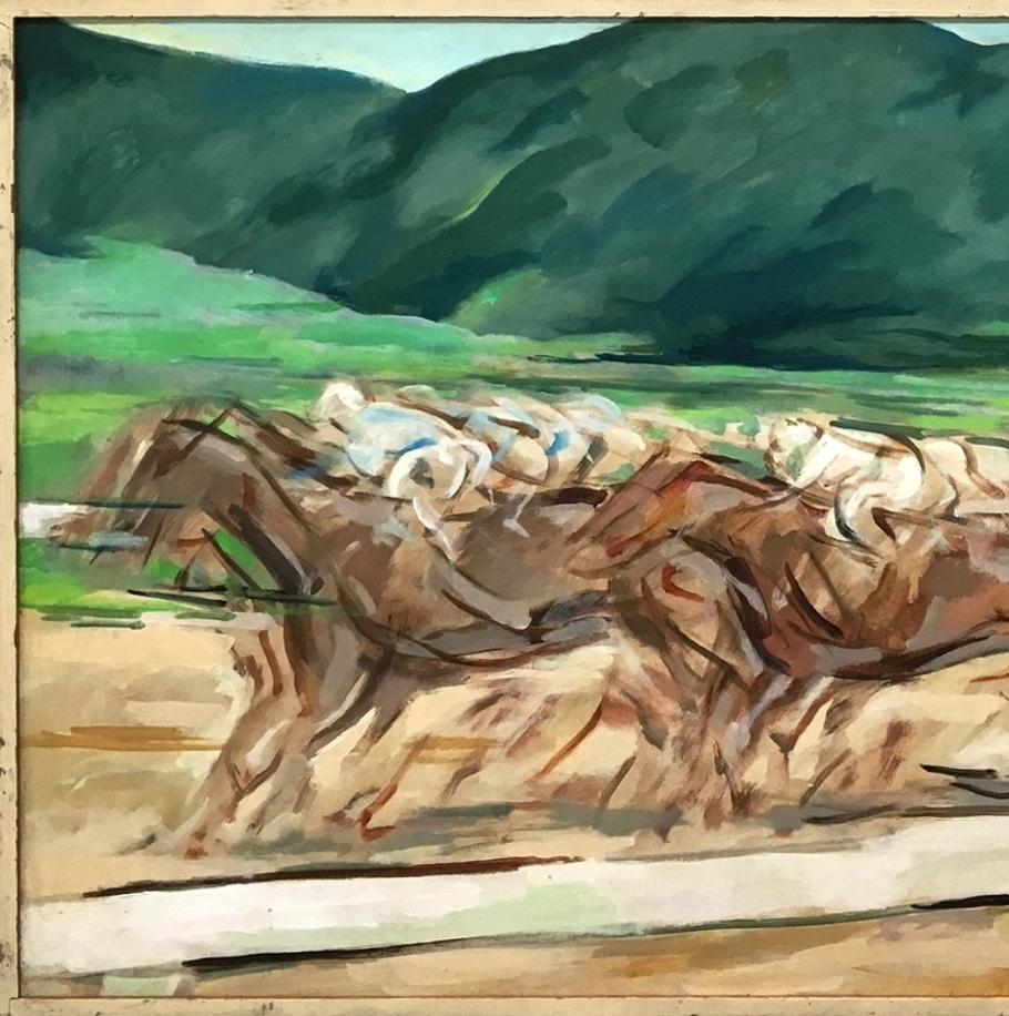 Una dinámica pintura de carreras de caballos moderna de mediados de siglo del artista de Chicago Rudolph Pen en venta 3