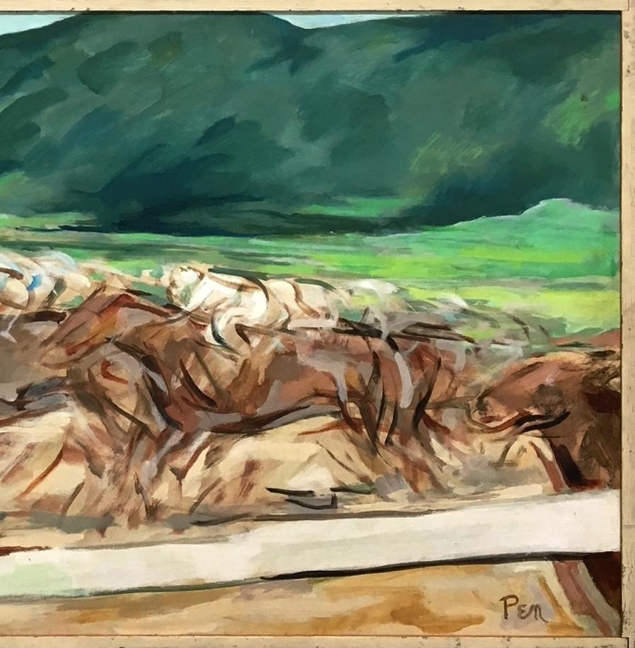 Una dinámica pintura de carreras de caballos moderna de mediados de siglo del artista de Chicago Rudolph Pen en venta 4