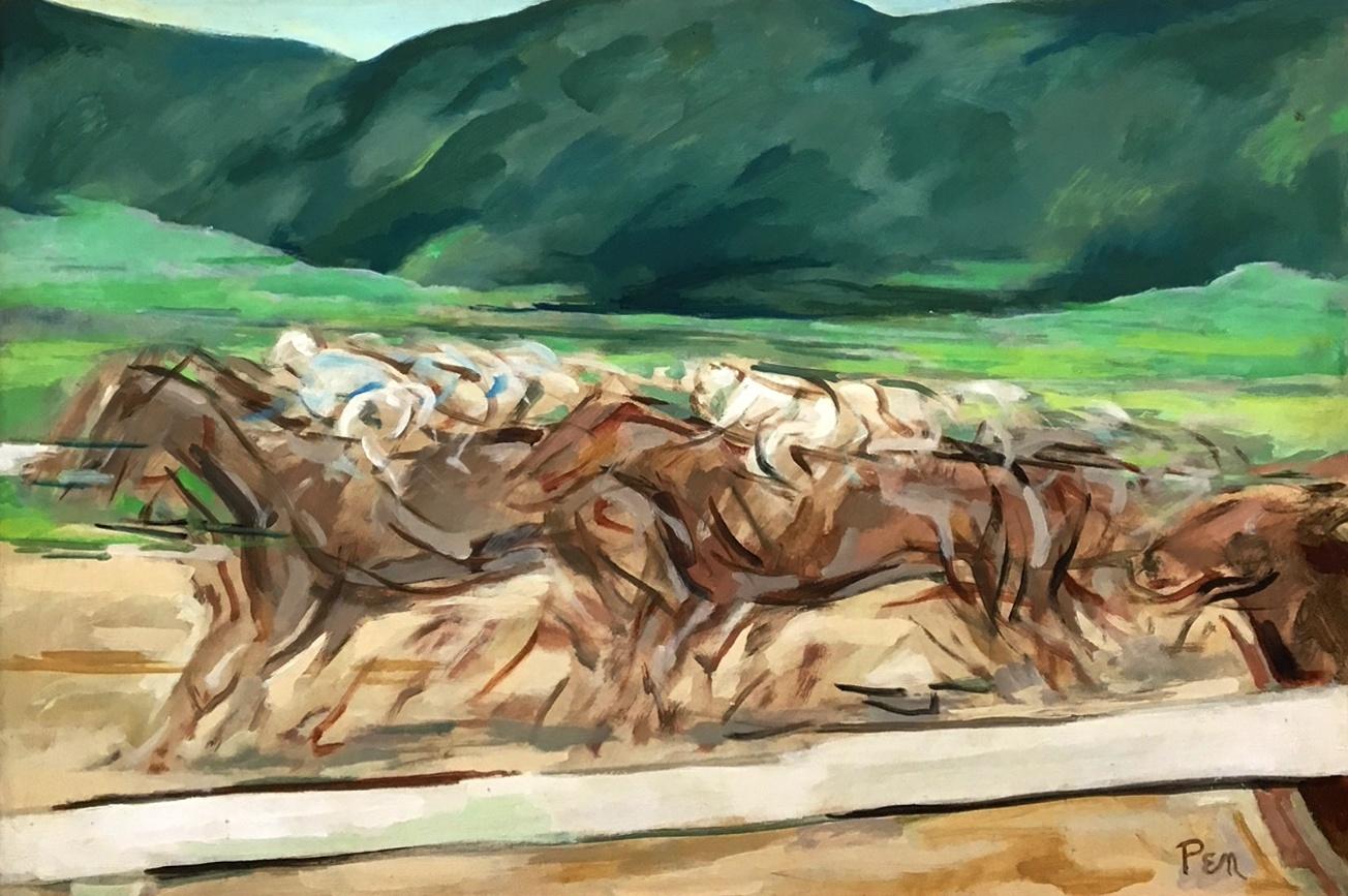 Una gran y dinámica pintura moderna de mediados de siglo sobre una carrera de caballos, obra del famoso artista de Chicago Rudolph Pen.  Tamaño de la obra: 24" x 36";  Tamaño enmarcado: 25" x 37".  Firmado "Pluma" abajo a la derecha y titulado en el