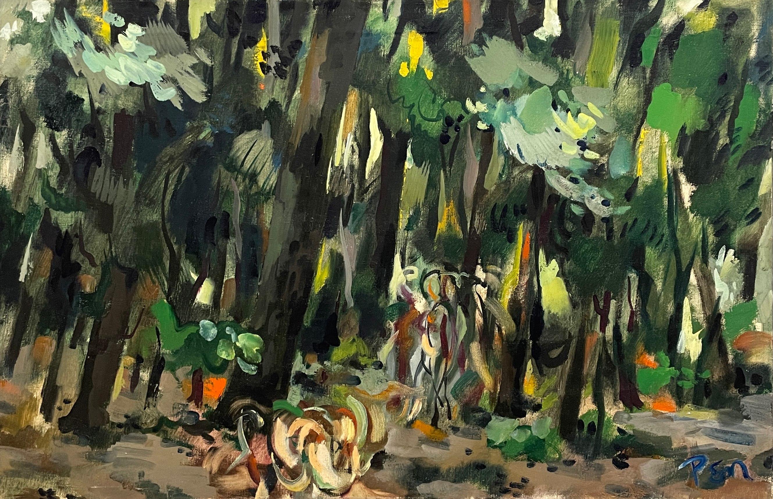 Une peinture de paysage dynamique mi-siècle moderne avec Figures féminines de Rudolph Pen