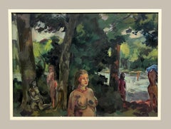 A Dynamic Mid-Century Modern Summer Landscape Painting w. Bathers by Rudolph Pen