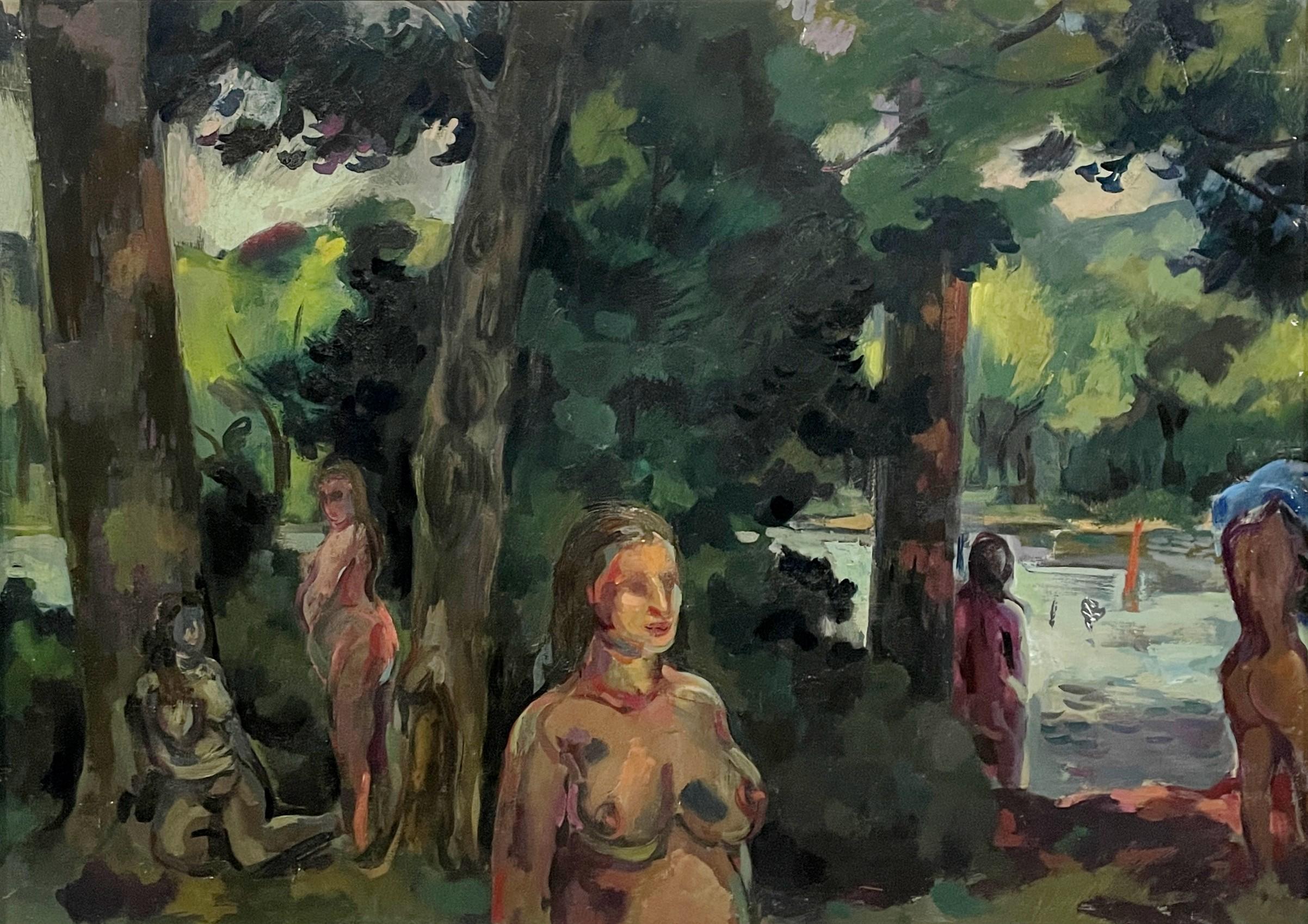 A Dynamic Mid-Century Modern Summer Landscape Painting w. Bathers by Rudolph Pen