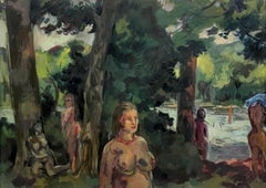 A Dynamic Mid-Century Modern Summer Landscape Painting w. Bathers by Rudolph Pen