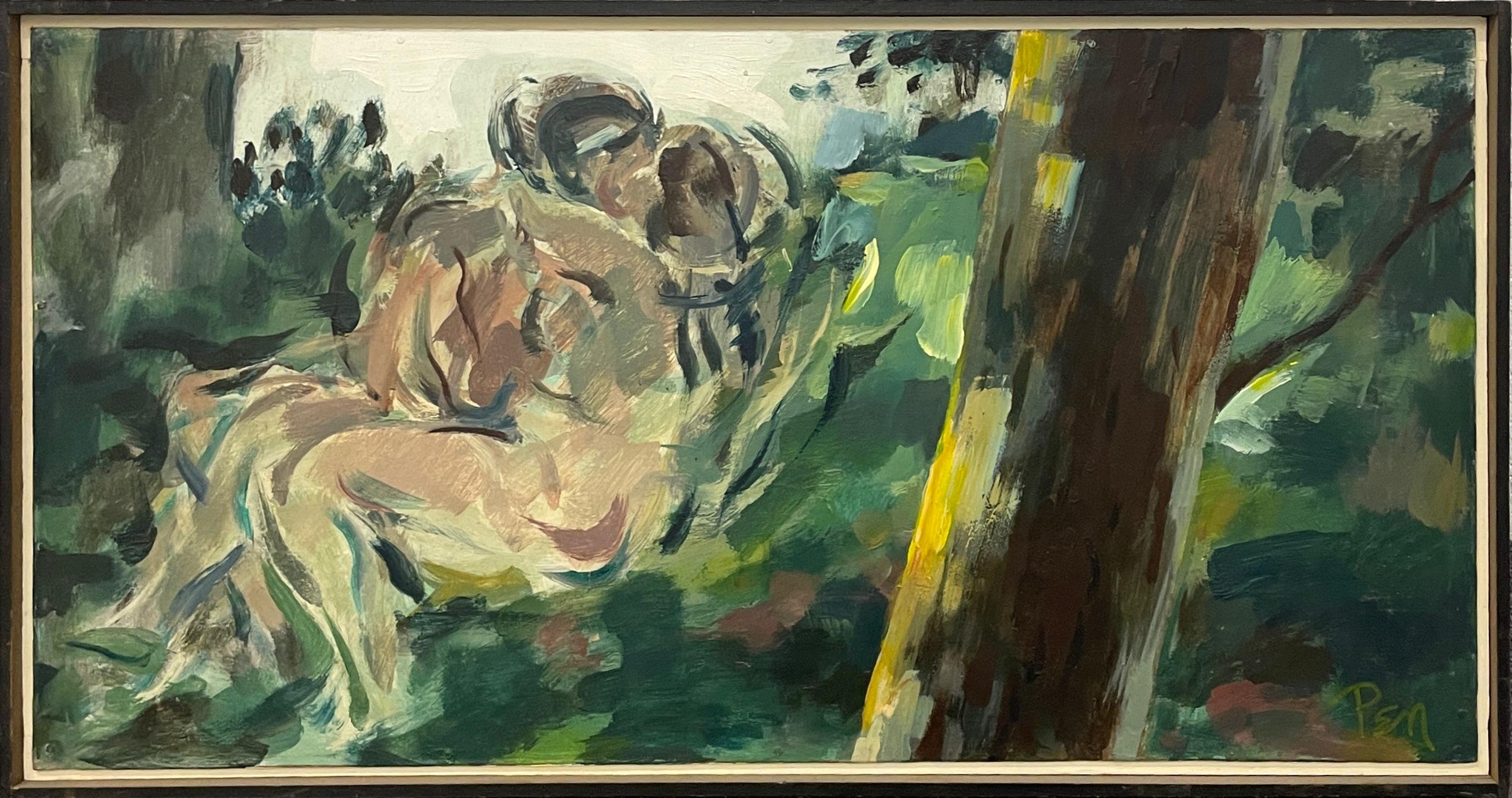 Fabulosa pintura moderna de mediados de siglo de los años 60 de una pareja de amantes abrazados - Painting de Rudolph Pen