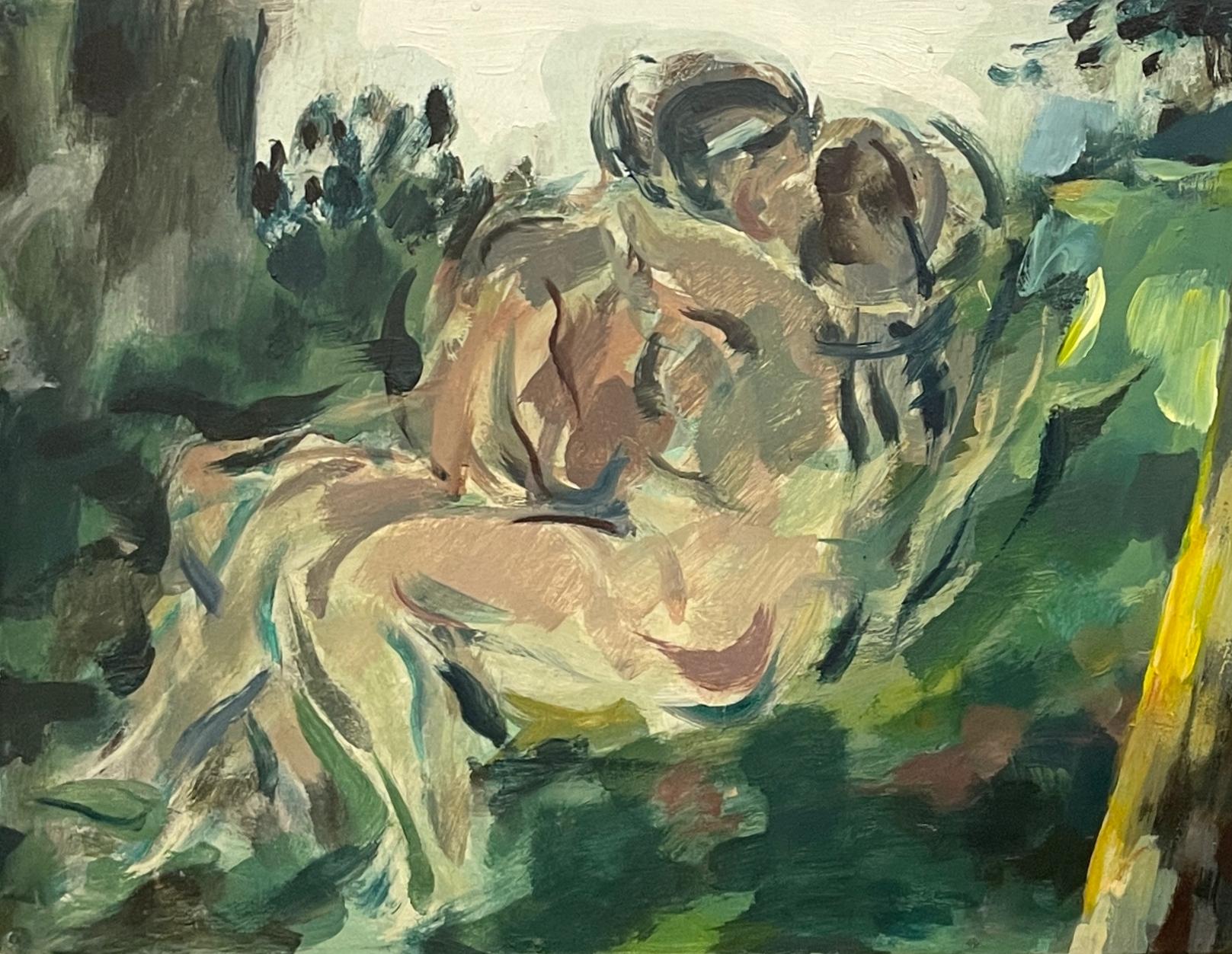 Fabulosa pintura moderna de mediados de siglo de los años 60 de una pareja de amantes abrazados - Painting moderno estadounidense de Rudolph Pen