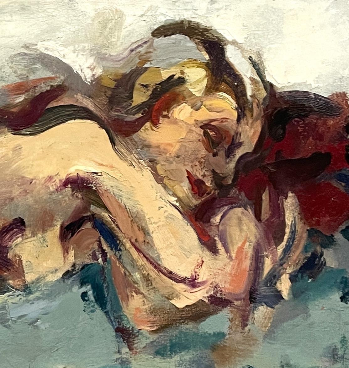 A Fabulous, Abstract 1960s Mid-Century Modern Painting of a Sleeping Female Nude - Brown Nude Painting by Rudolph Pen