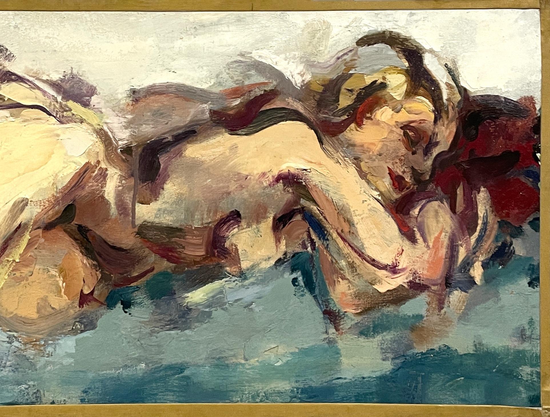 A Fabulous, Abstract 1960s Mid-Century Modern Painting of a Sleeping Female Nude by Noted Chicago Artist, Rudolph Pen.  A sensuous, intimate studio depiction of a sleeping nude female model, the painting is executed in the abstracted figural style