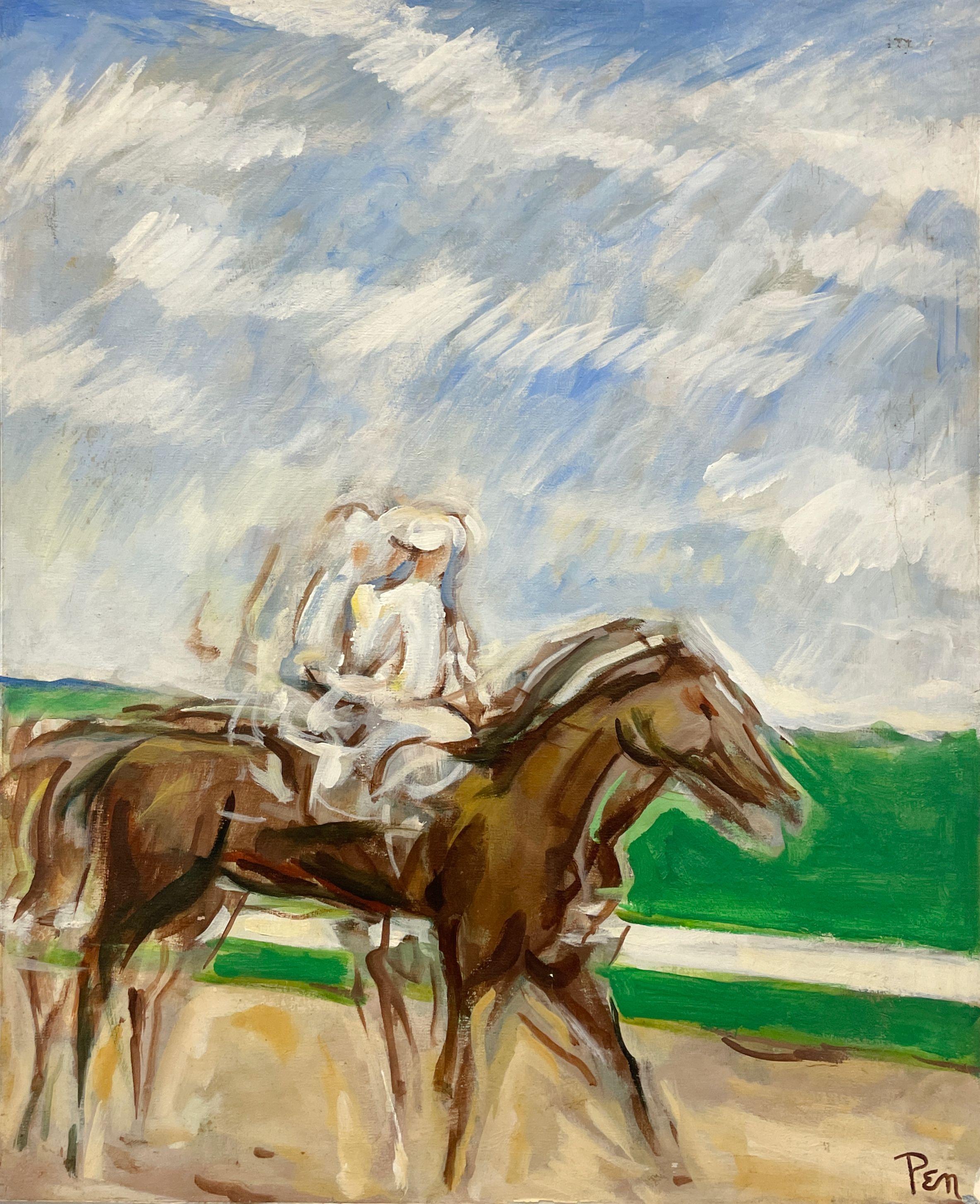 Una fantástica pintura moderna de mediados de siglo de un jinete, carrera de caballos, por Rudolph Pen