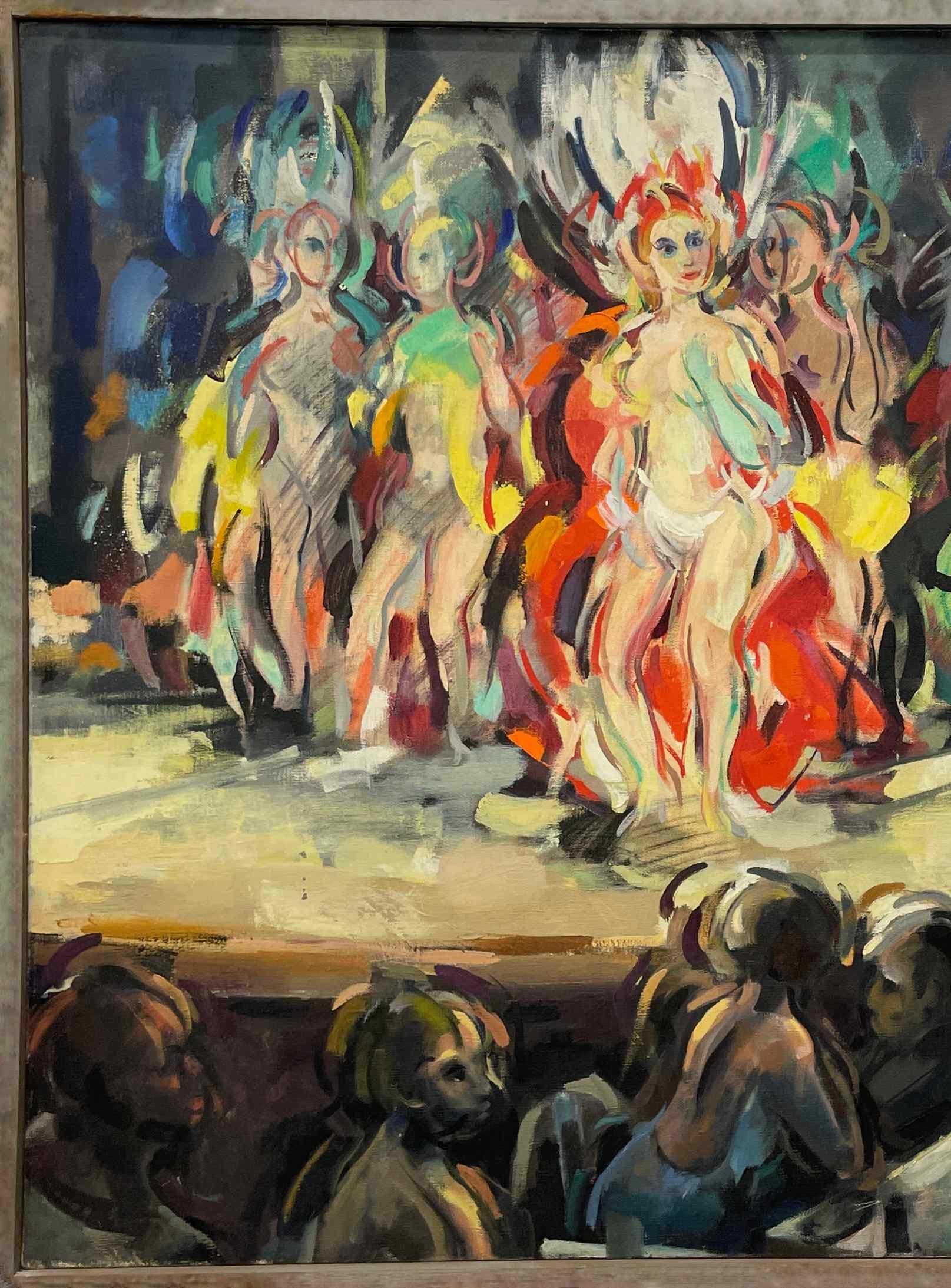 Une grande et fabuleuse peinture moderne du milieu du siècle représentant une boîte de nuit de Chicago, Burlesque - Modernisme américain Painting par Rudolph Pen