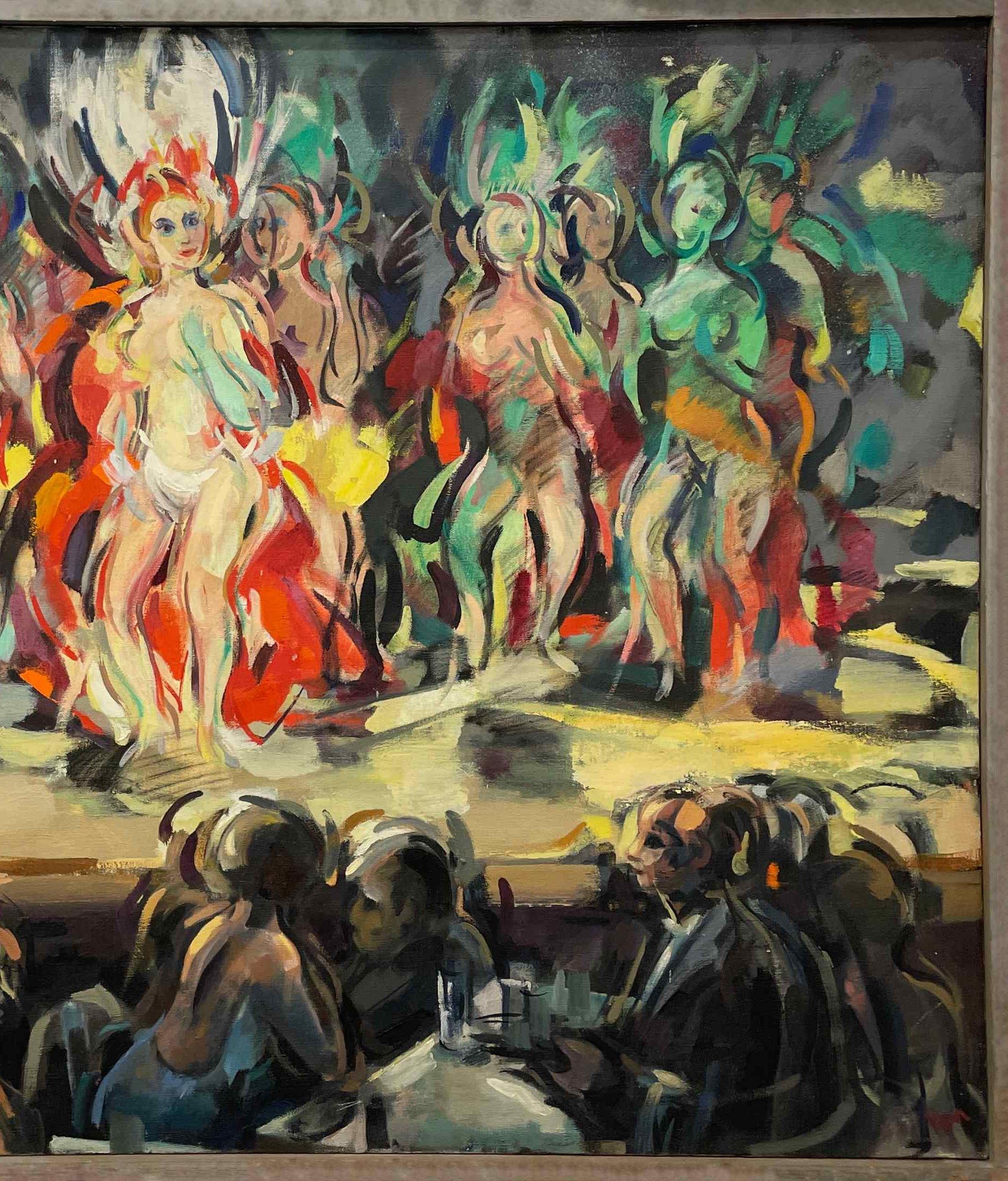 Une grande et fabuleuse peinture moderne du milieu du siècle représentant une boîte de nuit de Chicago, Burlesque - Noir Figurative Painting par Rudolph Pen