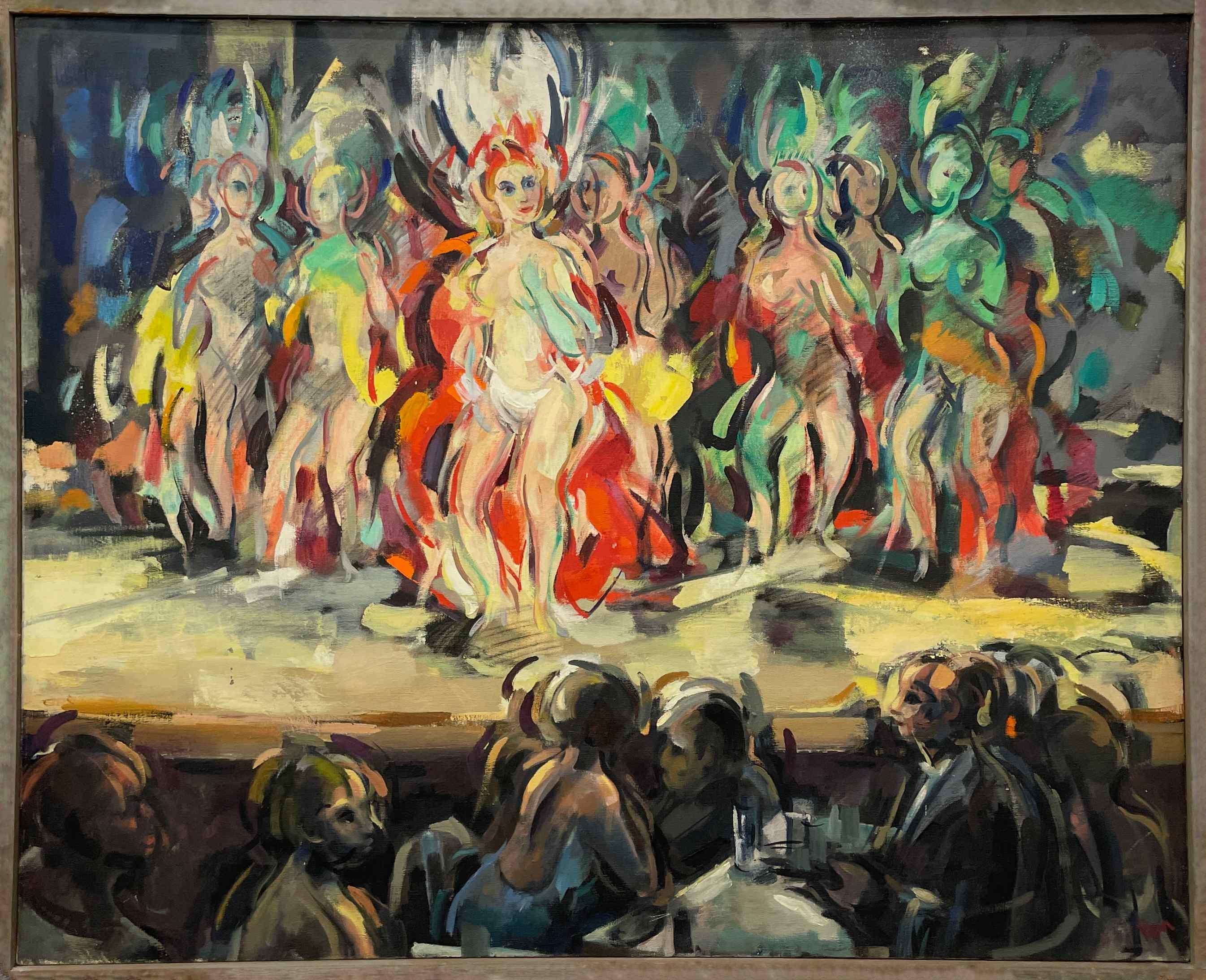 Une fabuleuse, grande et dynamique peinture moderne du milieu du siècle d'une boîte de nuit de Chicago par le célèbre artiste de Chicago, Rudolph AT&T. Pen (Am. 1918 - 1989).  Peinte vers 1948, cette grande représentation abstraite de danseuses