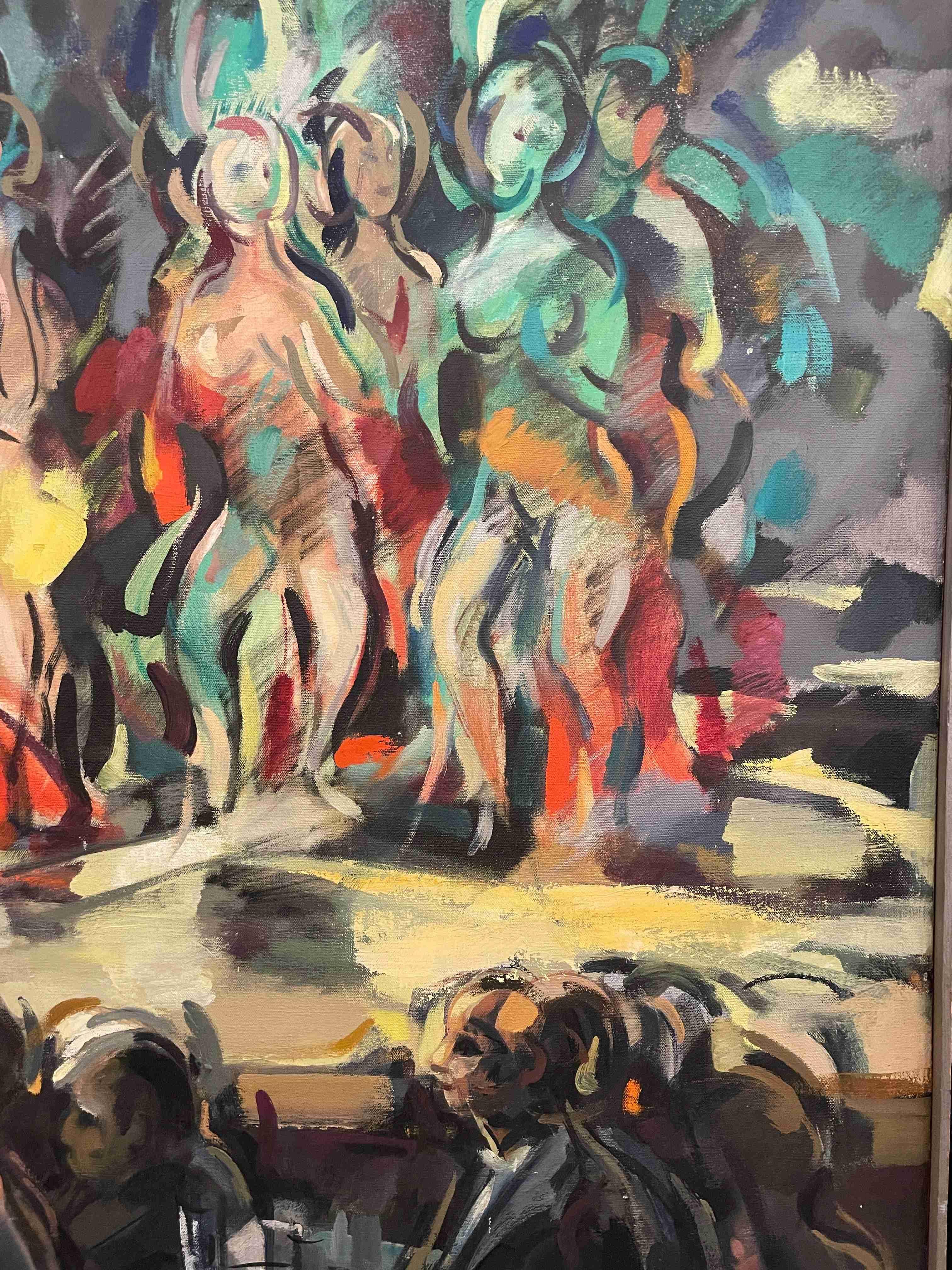 Une grande et fabuleuse peinture moderne du milieu du siècle représentant une boîte de nuit de Chicago, Burlesque en vente 2
