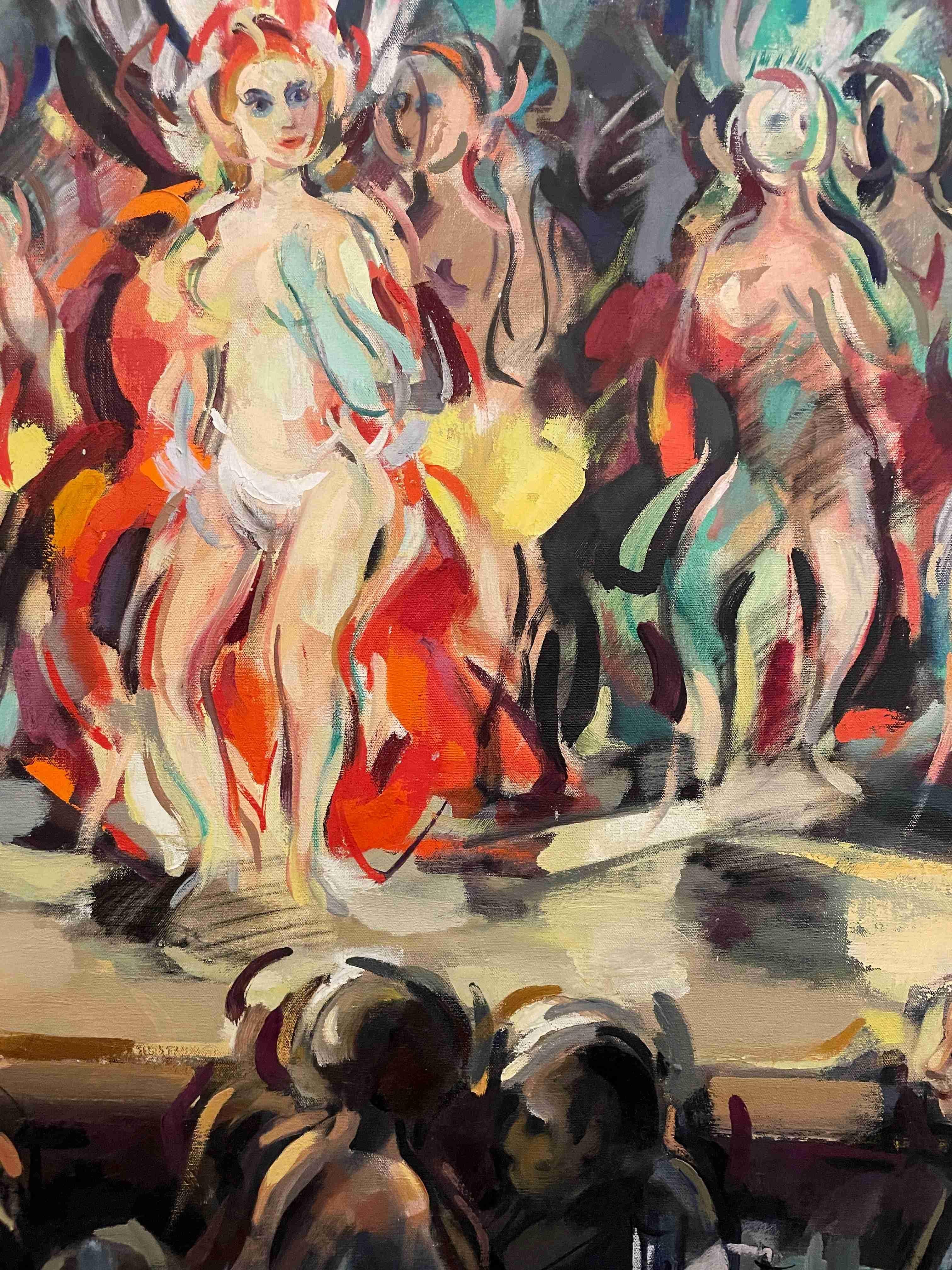 Une grande et fabuleuse peinture moderne du milieu du siècle représentant une boîte de nuit de Chicago, Burlesque en vente 3