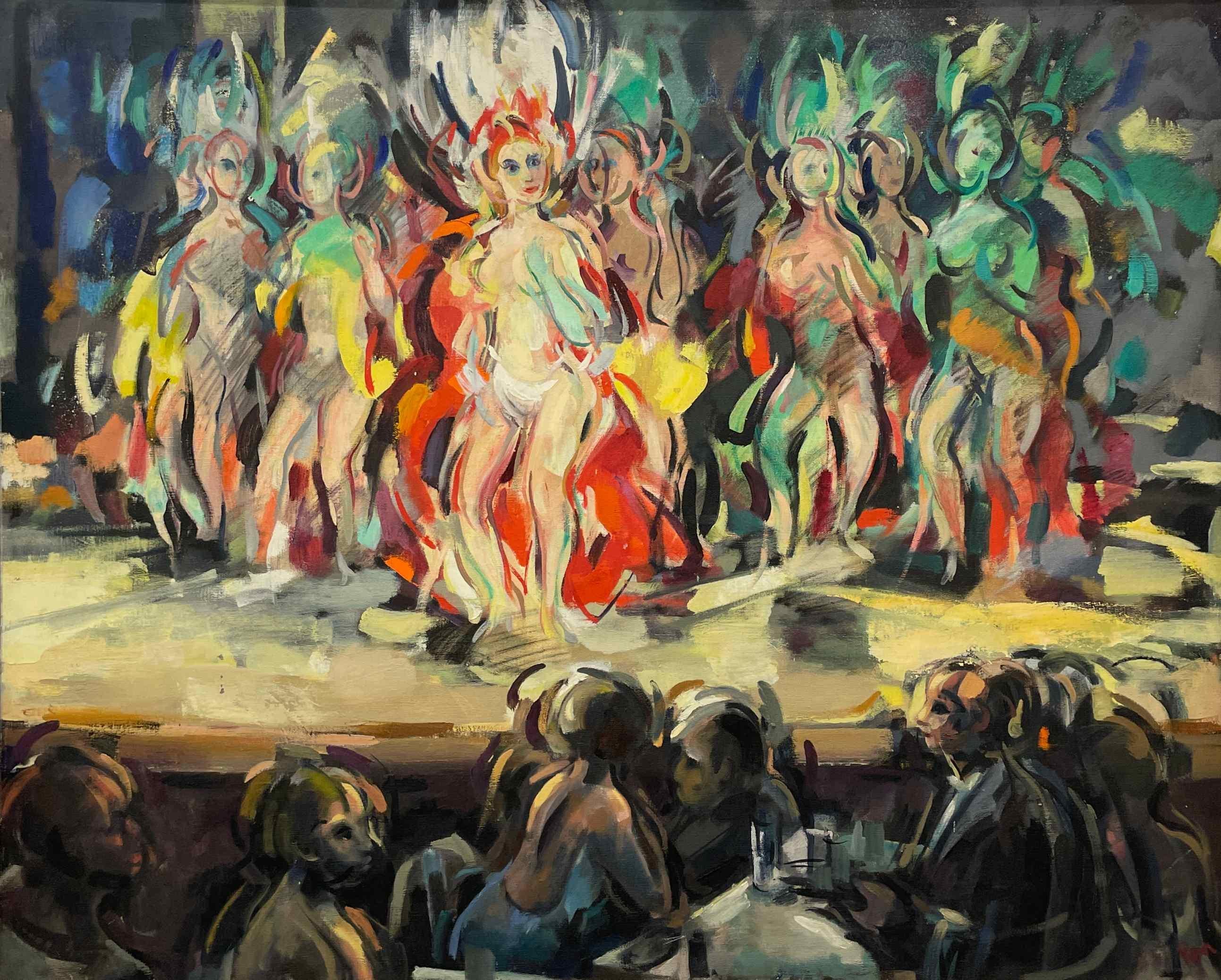 Figurative Painting Rudolph Pen - Une grande et fabuleuse peinture moderne du milieu du siècle représentant une boîte de nuit de Chicago, Burlesque