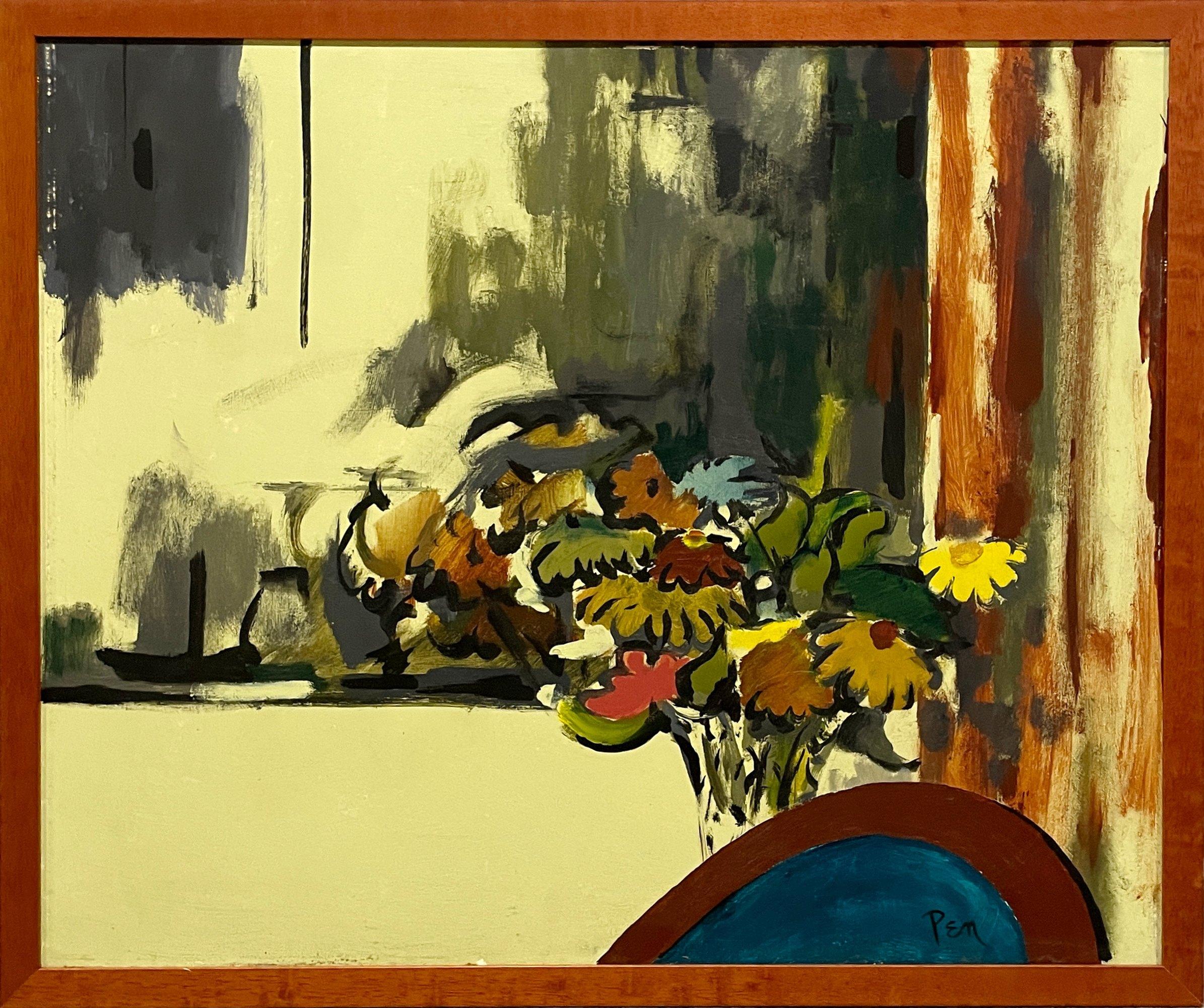 A Large, Vibrant 1950s Mid-Century Modern Still Life Painting / Interior Scene - Brown Still-Life Painting by Rudolph Pen