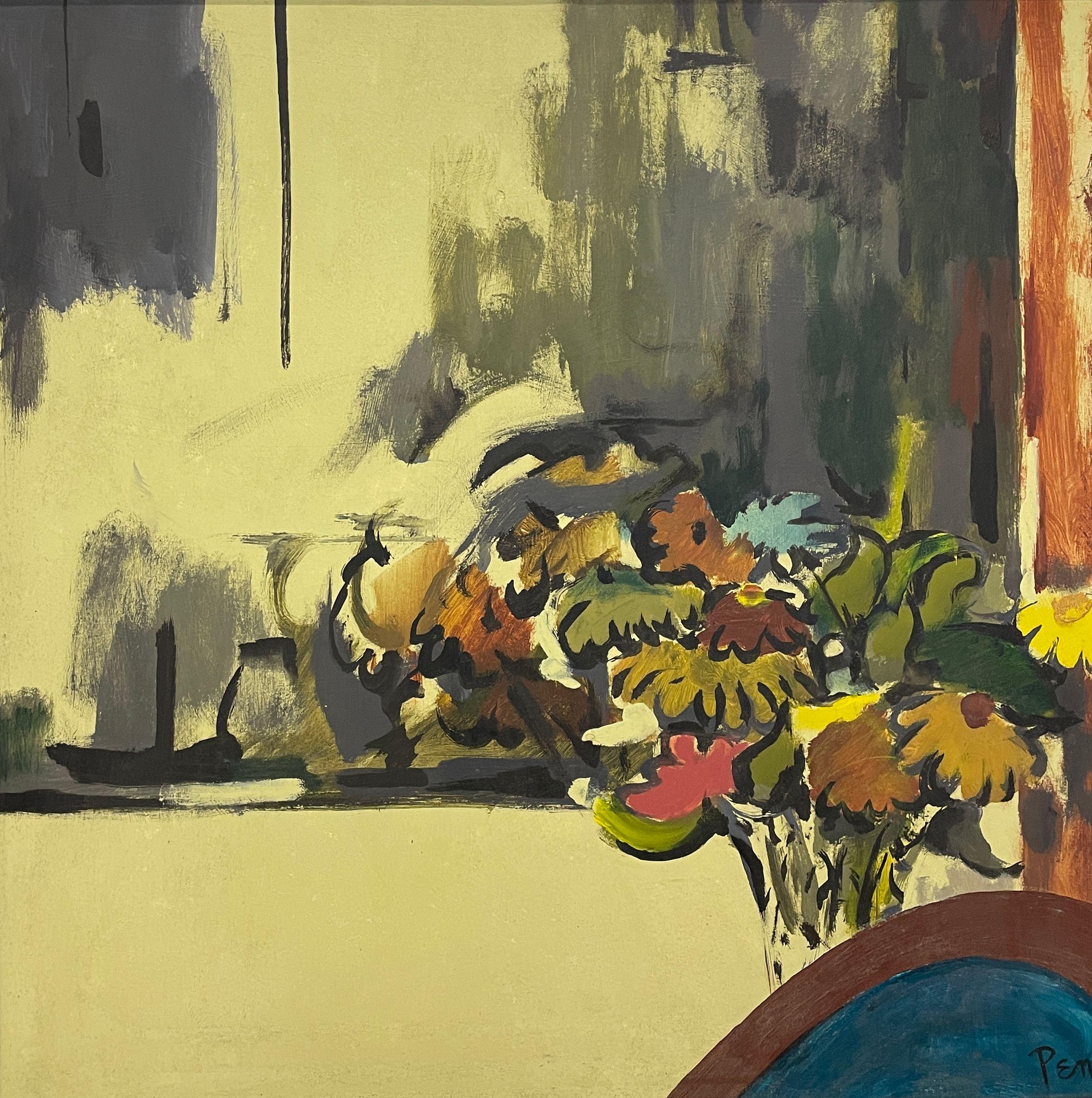 A Large, Vibrant 1950s Mid-Century Modern Still Life Painting / Interior Scene by Noted Chicago Artist, Rudolph T. Pen.  Depicts a delightful interior scene painted in subtle harmonious yellow tones, with a colorful floral still life of flowers