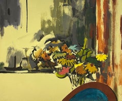 Una gran y vibrante pintura de bodegón / escena interior moderna de mediados de siglo de los años 50