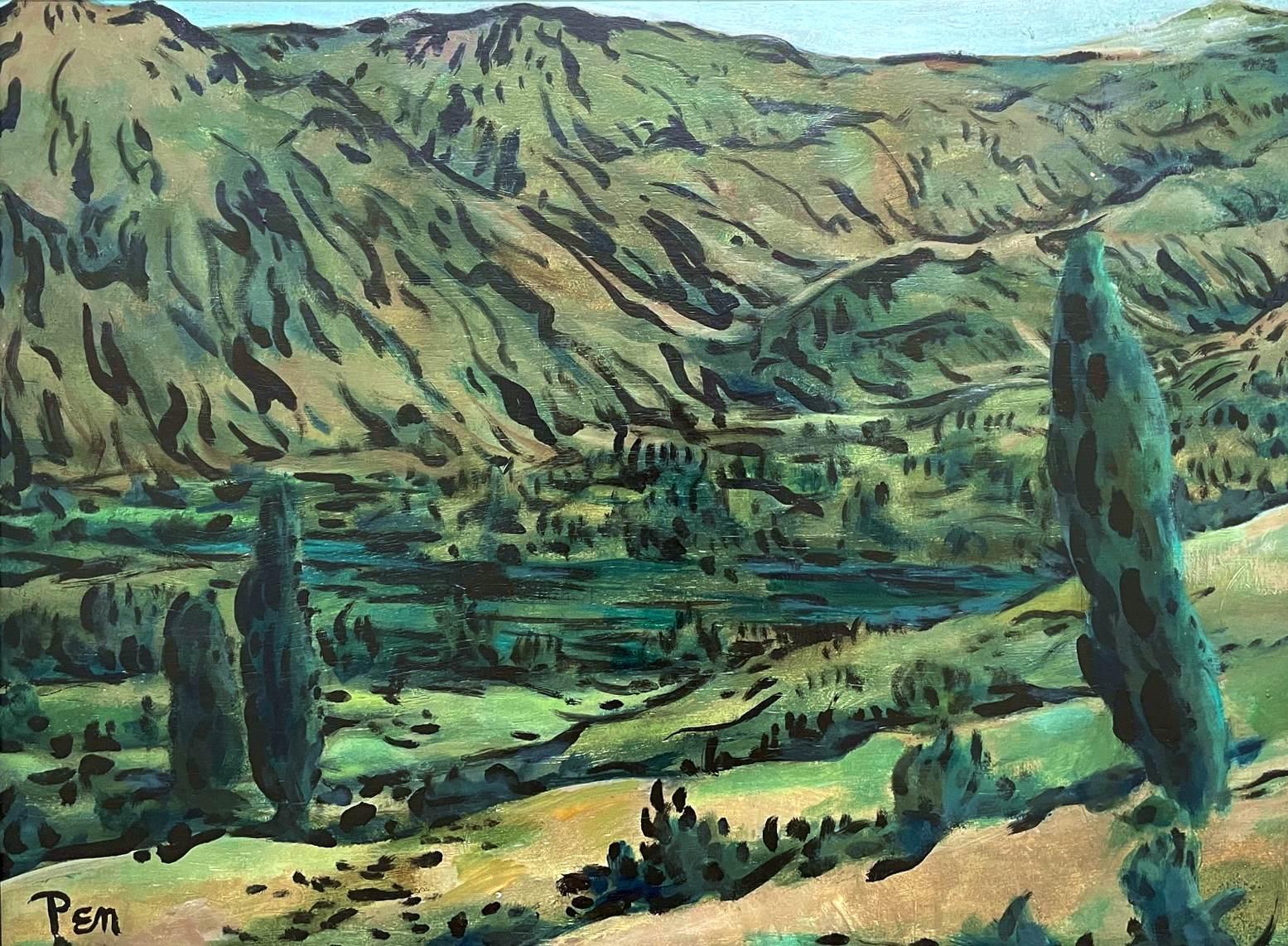 A Large, Vibrant Mid-Century California Landscape Painting by Listed American Painter, Rudolph Pen.  A lush depiction of a verdant green valley and surrounding hilltops, painted circa early 1960s when the artist was awarded a Huntington Hartford