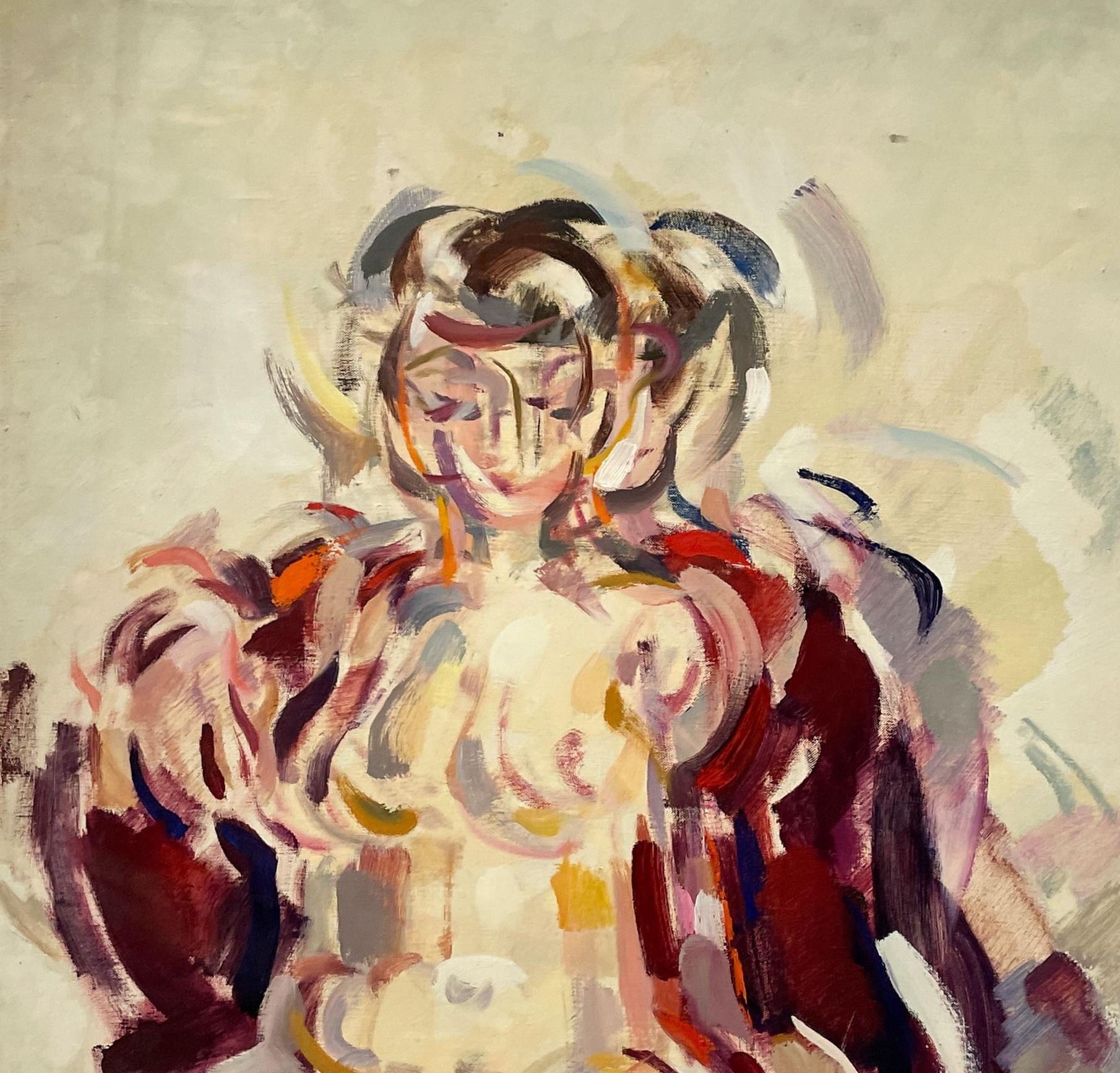 A Radiant 1950s Mid-Century Modern Studio Portrait of a Seated Female Nude Model - Beige Figurative Painting by Rudolph Pen