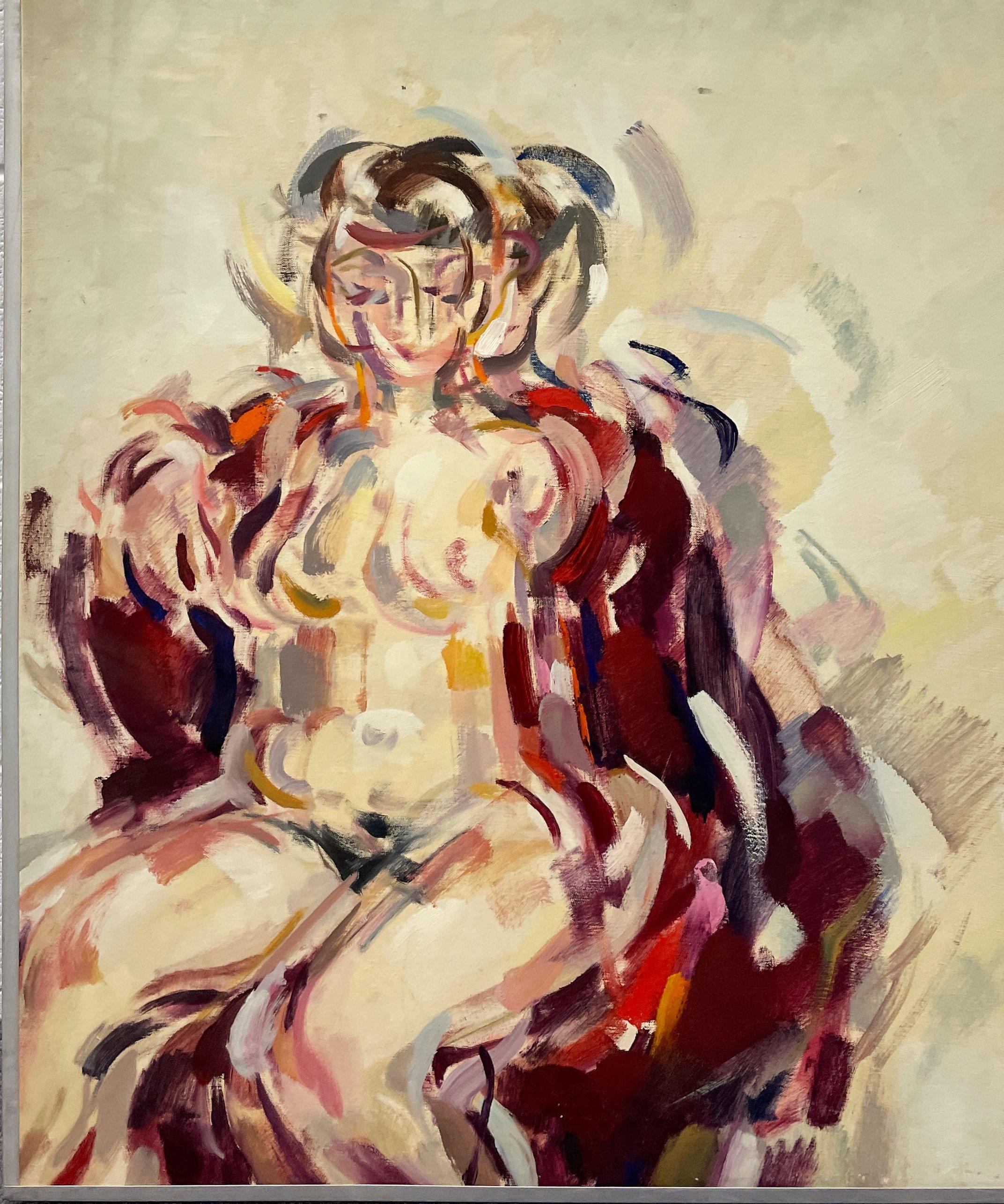 A Radiant, 1950s Mid-Century Modern Studio Portrait of a Seated Female Nude Model. Painted in a sensuous color palette of wonderful, expressive reds an cool creams, the painting exemplifies Pen's unique, abstracted style of figure painting for which