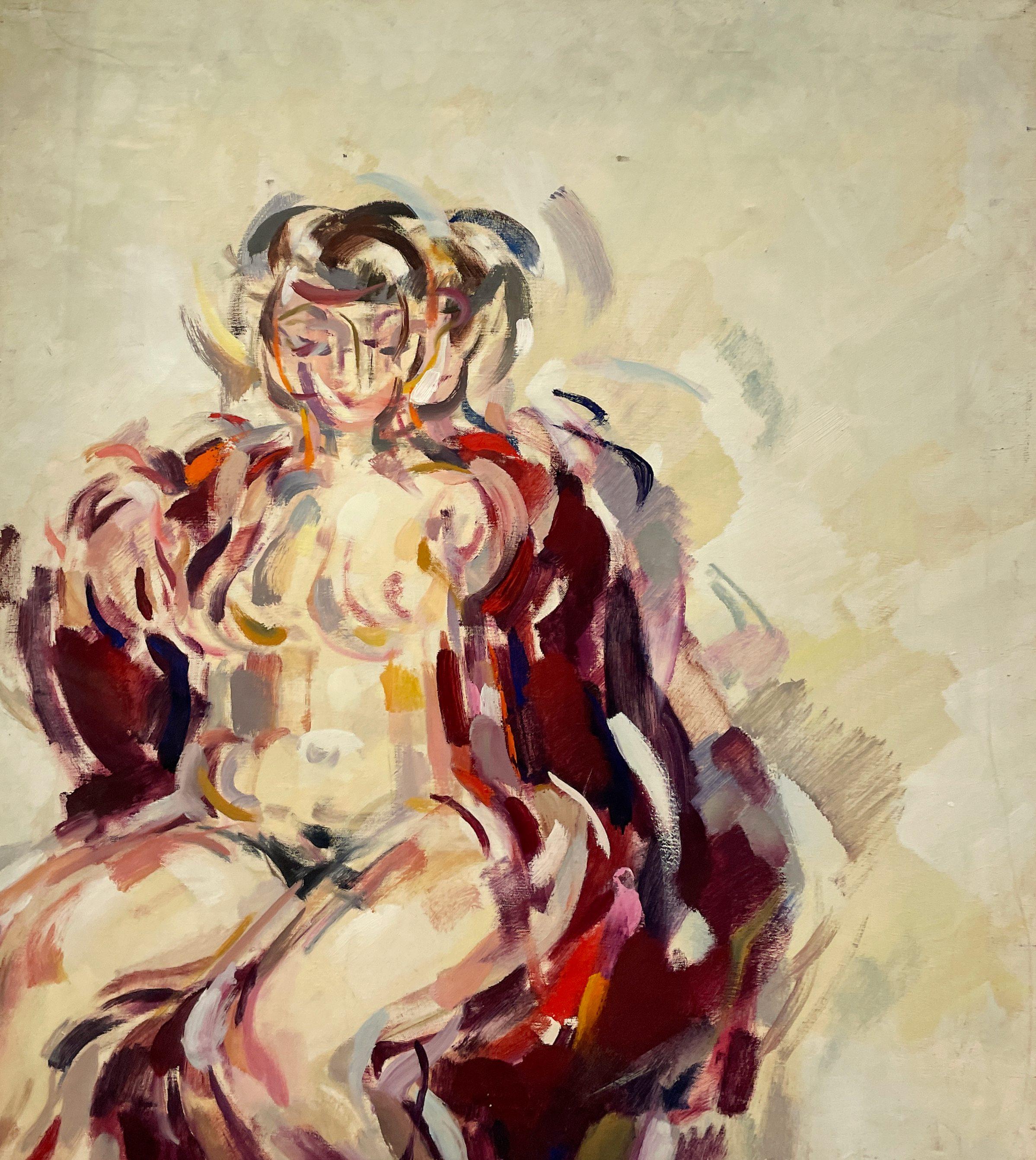 Rudolph Pen Figurative Painting - A Radiant 1950s Mid-Century Modern Studio Portrait of a Seated Female Nude Model