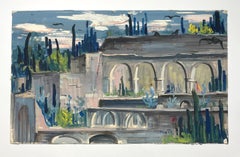 A Striking 1940s Classical Landscape Watercolor with Arches and Rooftops, Mexico