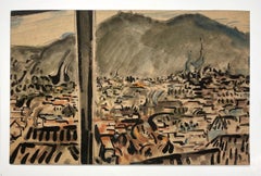 A Striking 1960s Mid-Century Modern City Rooftops View, Painted from a City Bus