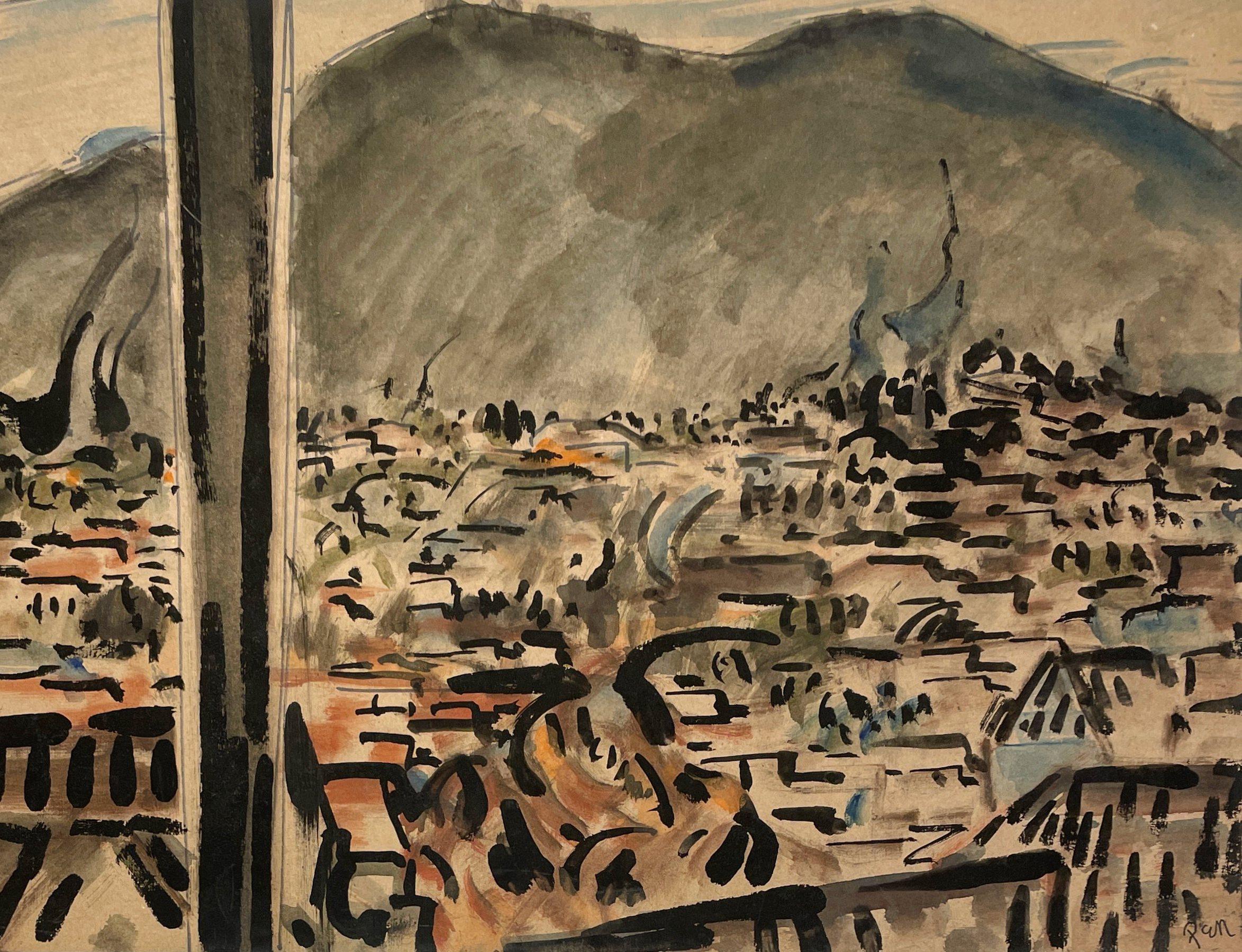 Une vue sur les coqs de la ville, peinte à partir d'un bus de la ville, de style mi-siècle moderne, des années 1960 - Modernisme américain Art par Rudolph Pen