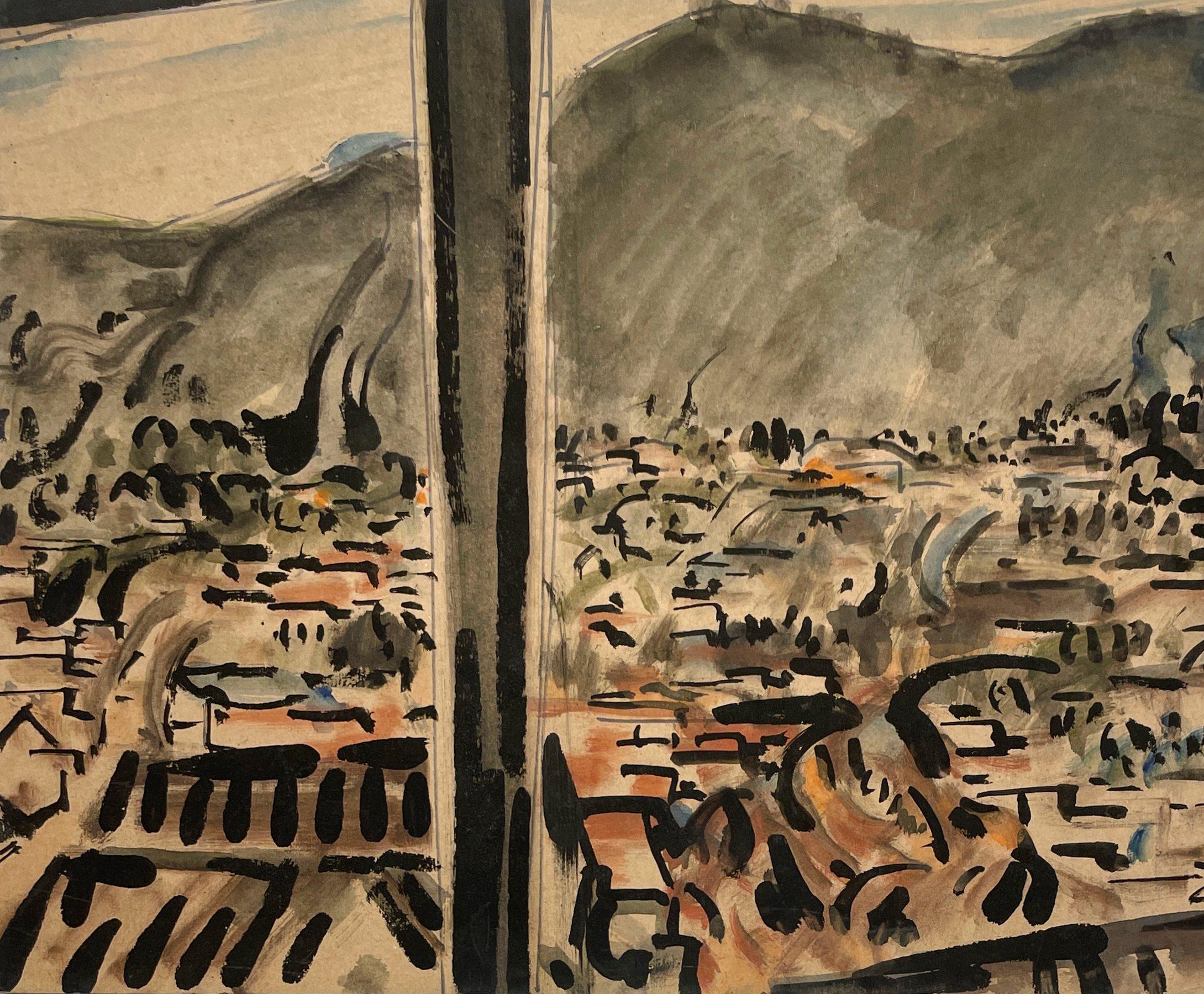 Une vue sur les coqs de la ville, peinte à partir d'un bus de la ville, de style mi-siècle moderne, des années 1960 - Marron Landscape Art par Rudolph Pen